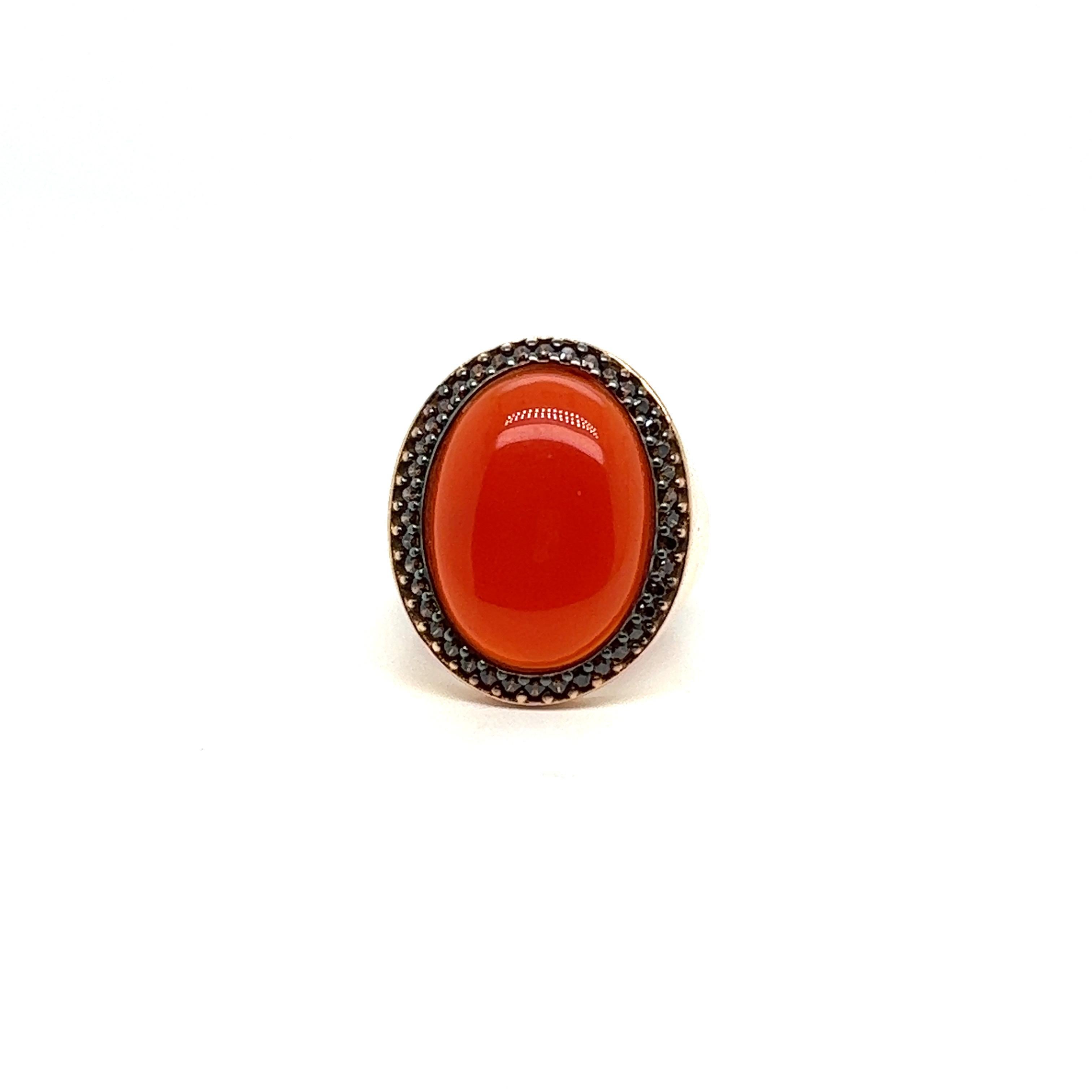 Art Deco French Ring Red Onyx Cabochon Brown Zircon Rose Gold 18 Karat For Sale