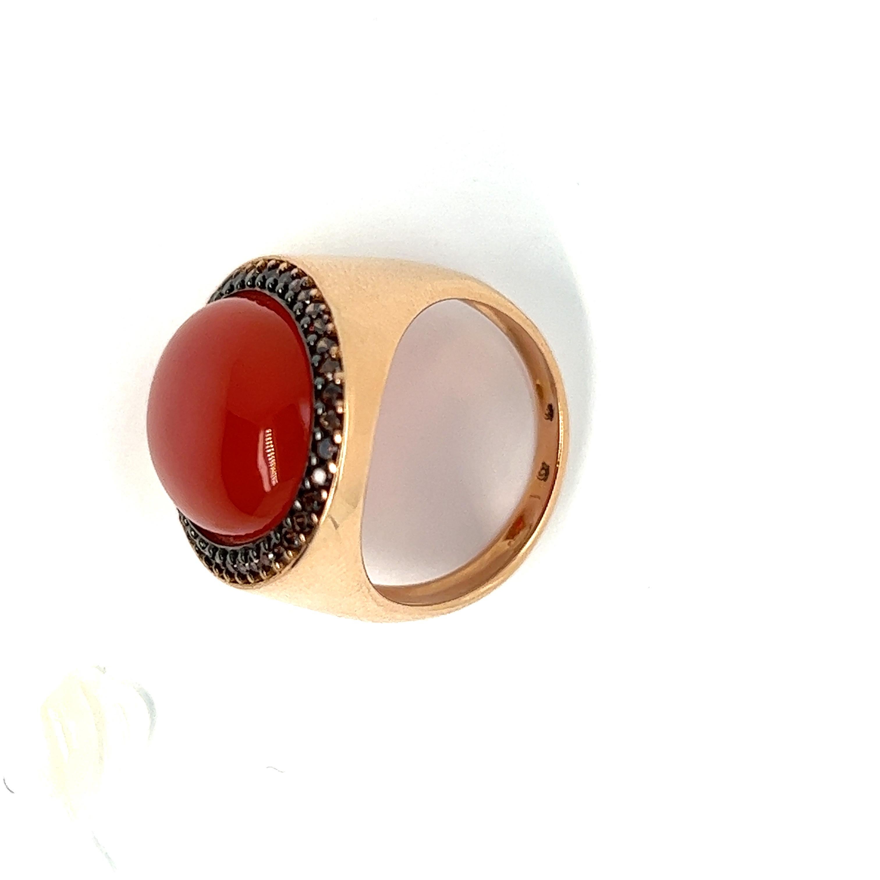 French Ring Red Onyx Cabochon Brown Zircon Rose Gold 18 Karat In New Condition For Sale In Vannes, FR