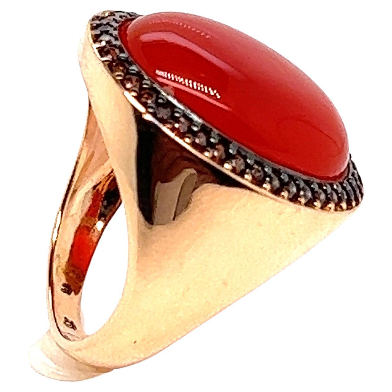 French Ring Red Onyx Cabochon Brown Zircon Rose Gold 18 Karat