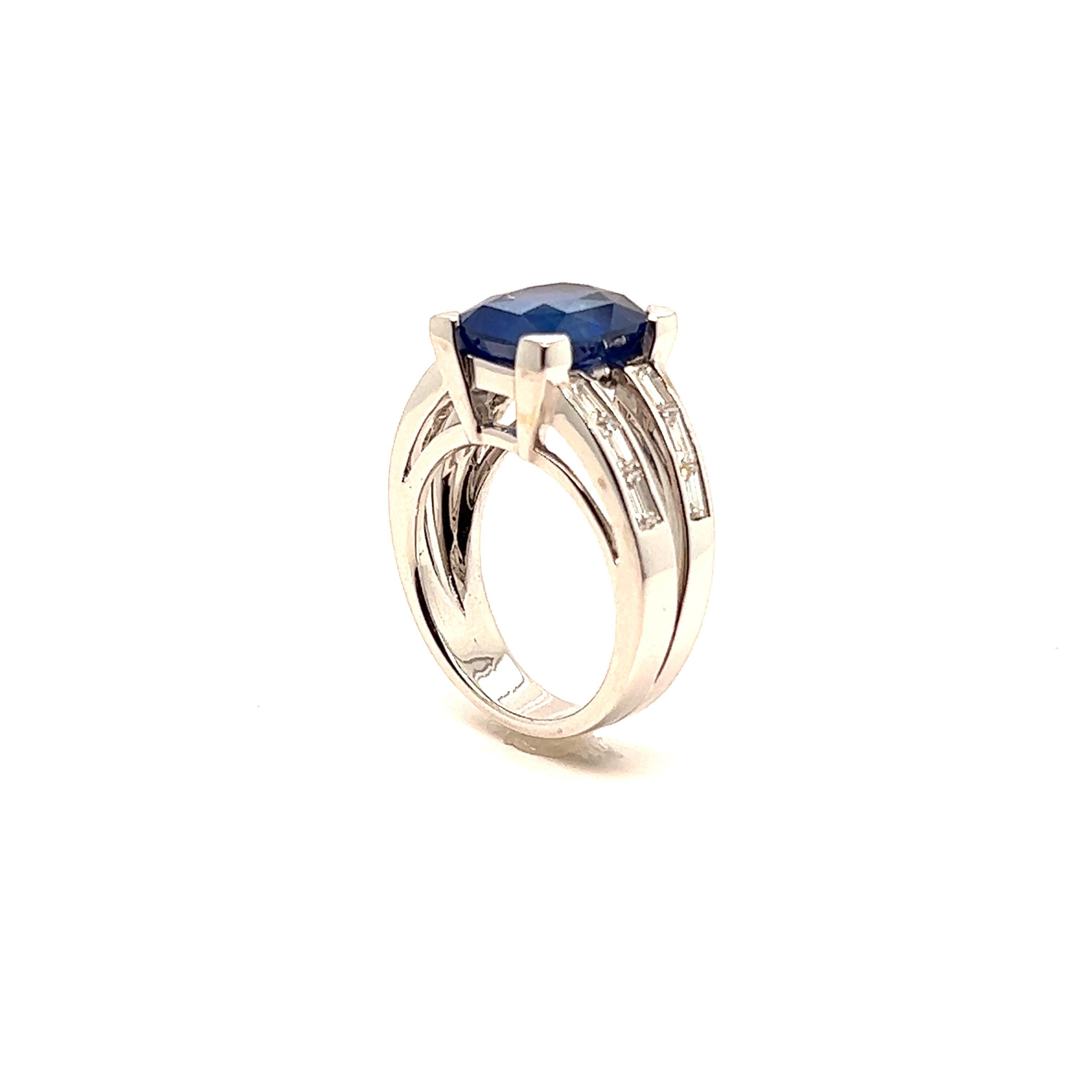 Cushion Cut French Ring, Sapphire on Claws, Surrounded by Diamonds 18k White Gold For Sale