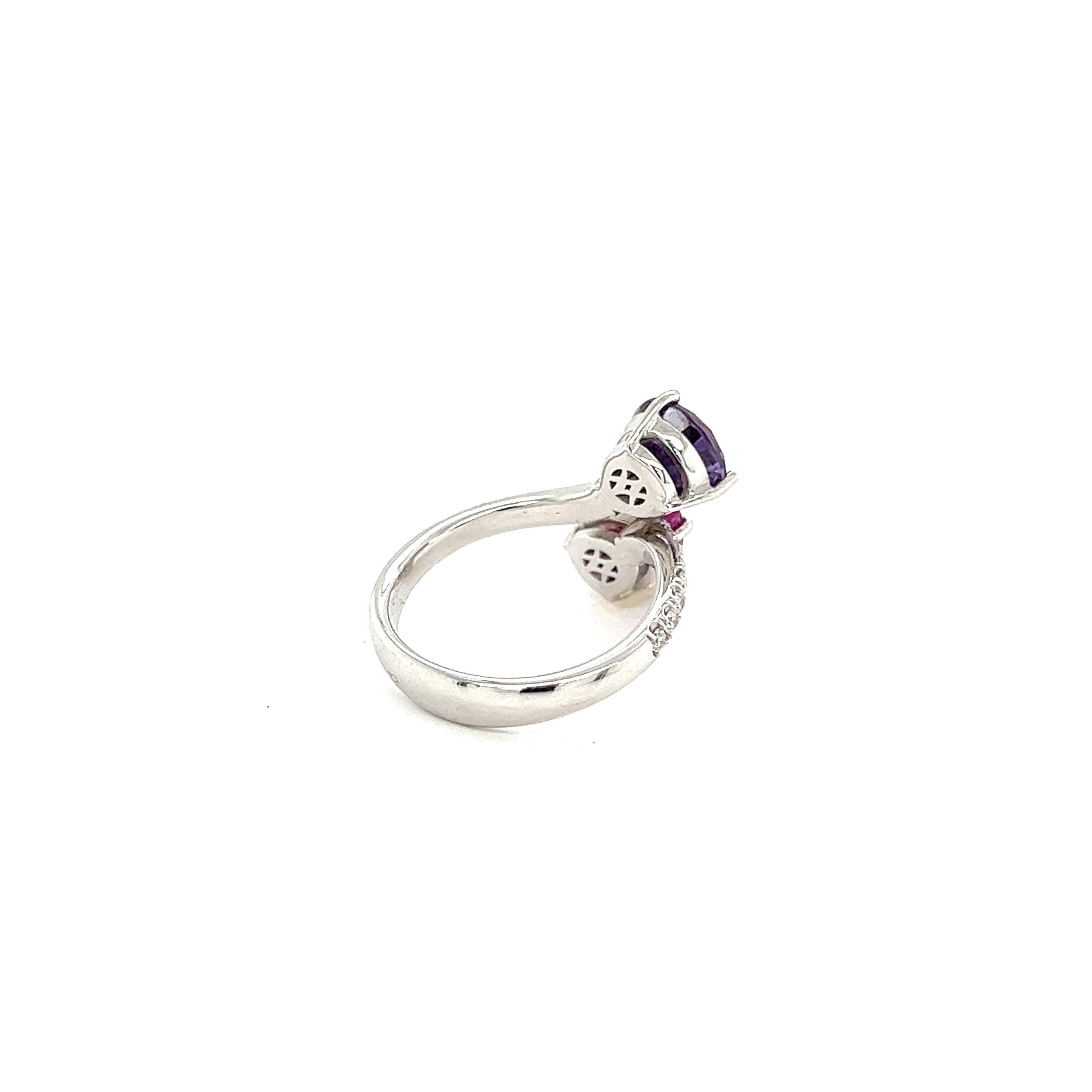 French Ring Two Sapphire Corundum Violet Pink Diamonds White Gold 18 Karat For Sale 4