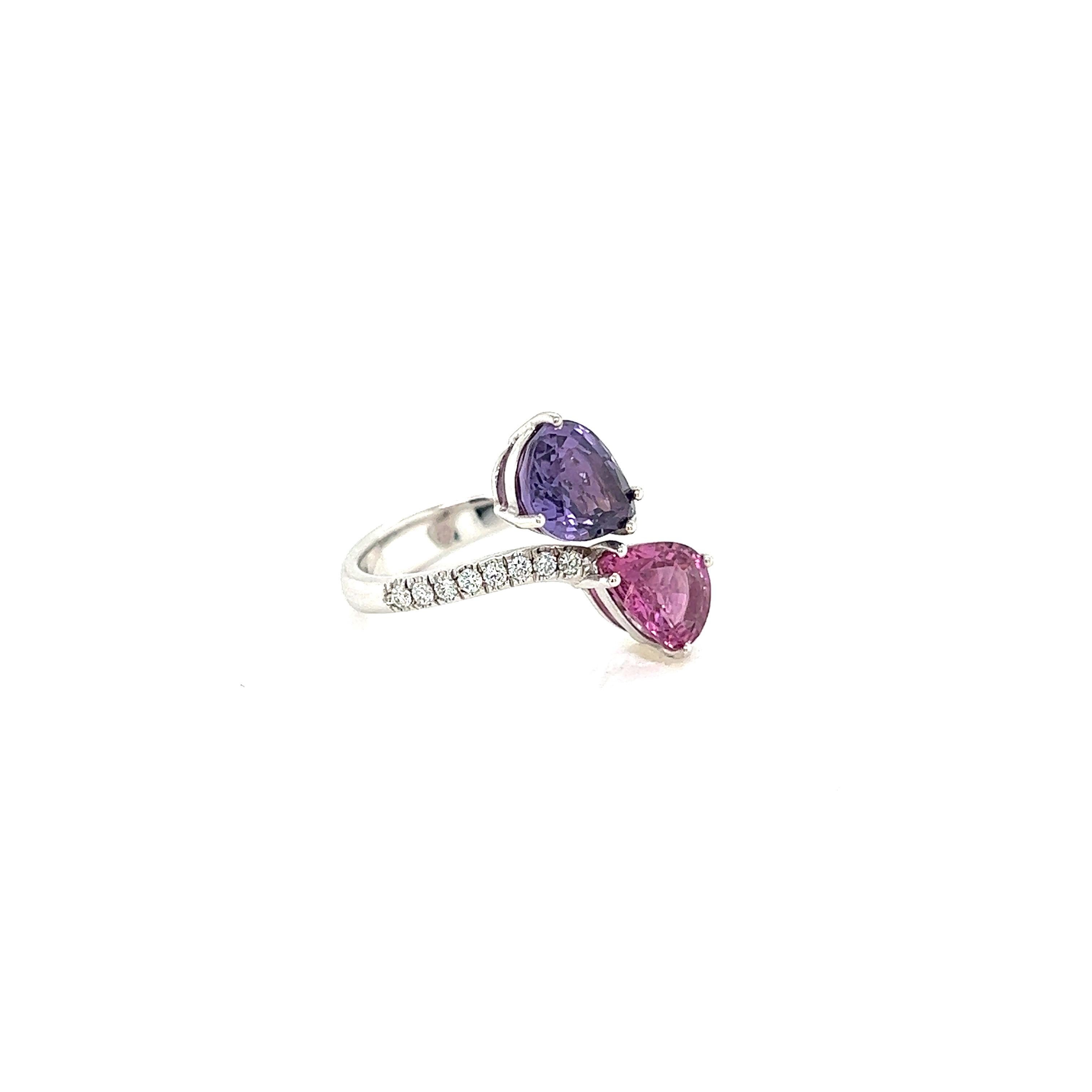 French Ring Two Sapphire Corundum Violet Pink Diamonds White Gold 18 Karat For Sale 5
