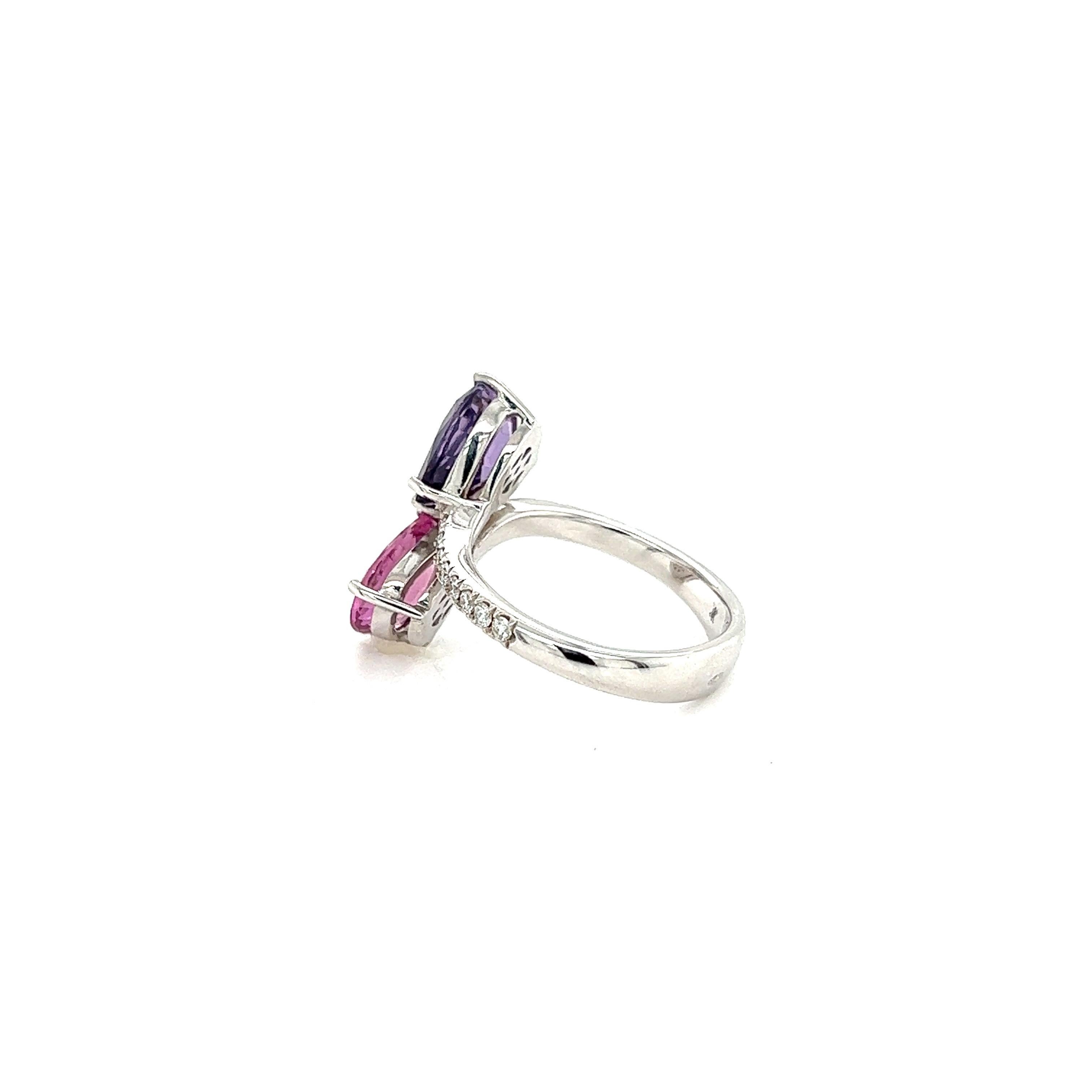 French Ring Two Sapphire Corundum Violet Pink Diamonds White Gold 18 Karat For Sale 6