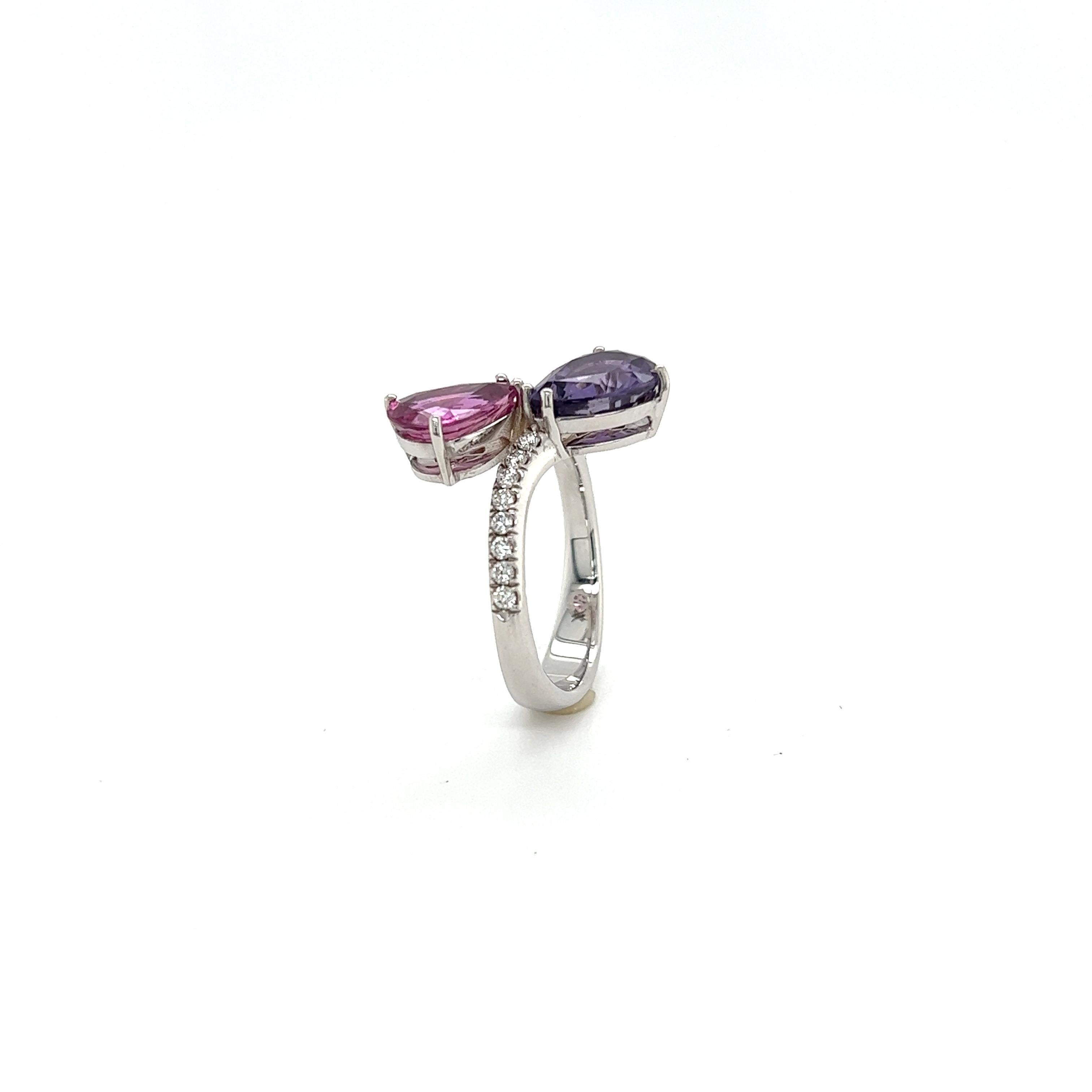 French Ring Two Sapphire Corundum Violet Pink Diamonds White Gold 18 Karat For Sale 8