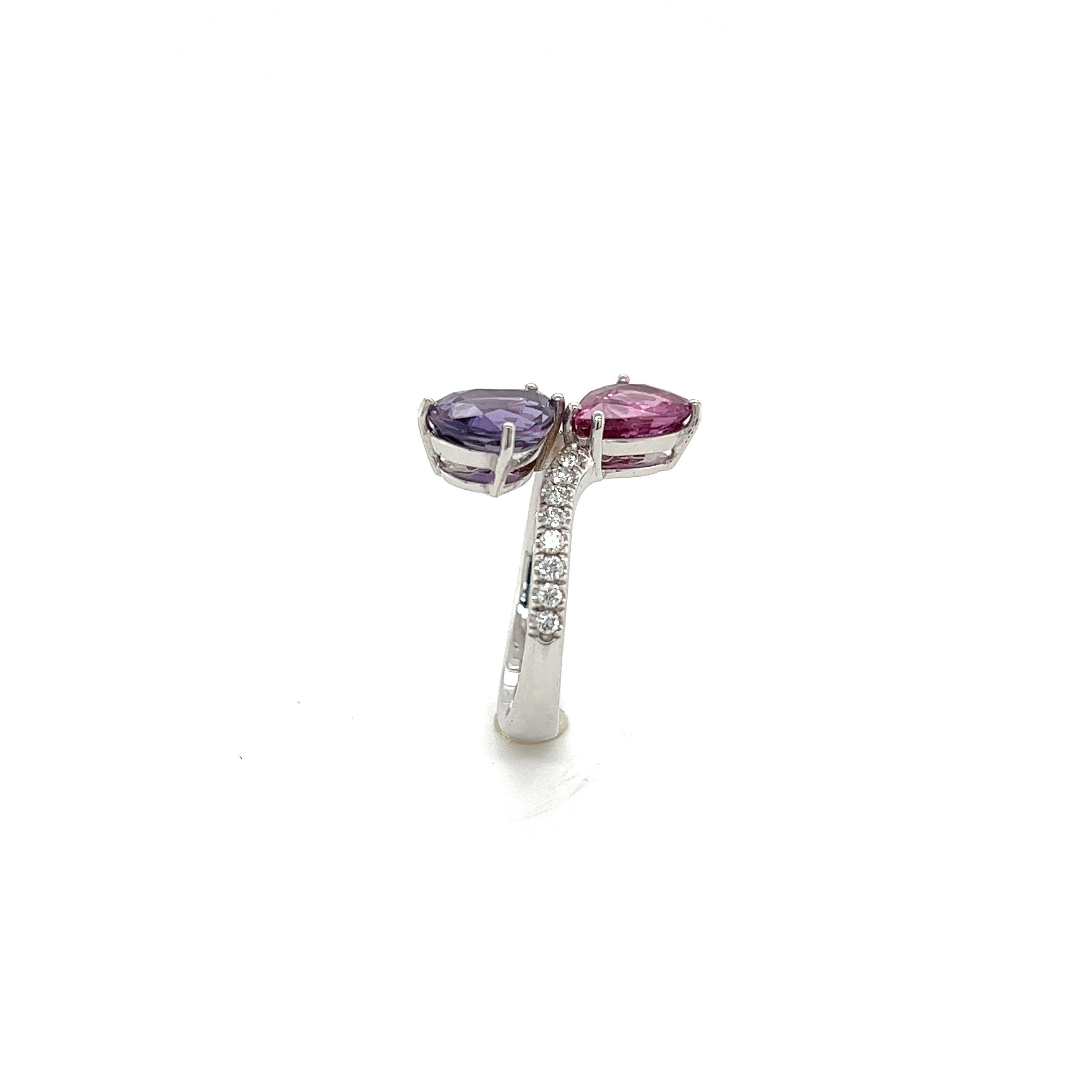 French Ring Two Sapphire Corundum Violet Pink Diamonds White Gold 18 Karat For Sale 10