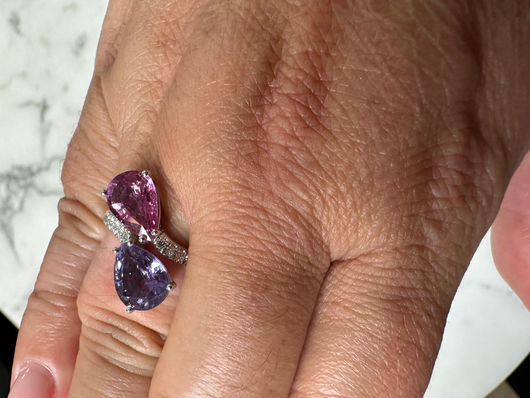 Modern French Ring Two Sapphire Corundum Violet Pink Diamonds White Gold 18 Karat For Sale