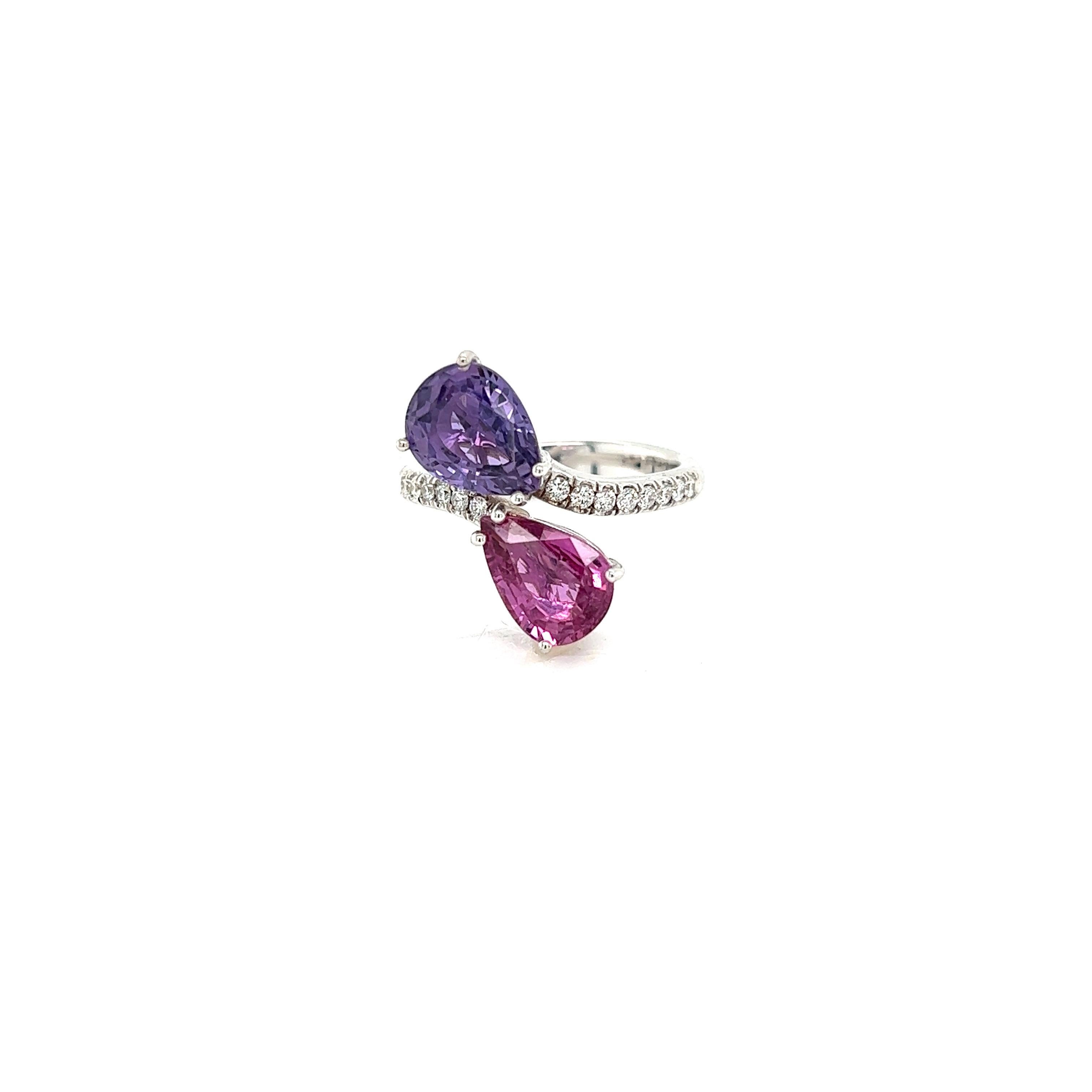 Pear Cut French Ring Two Sapphire Corundum Violet Pink Diamonds White Gold 18 Karat For Sale