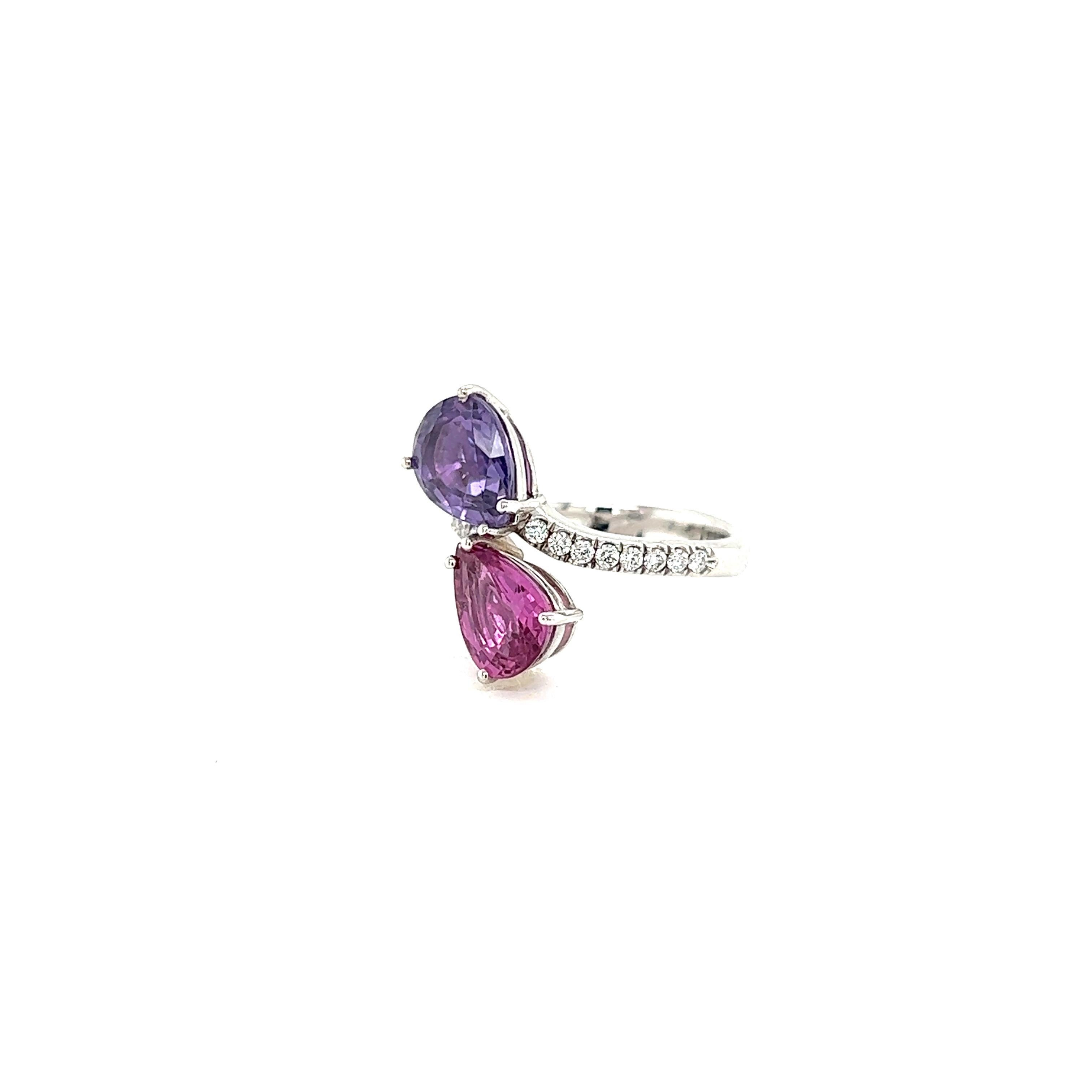 French Ring Two Sapphire Corundum Violet Pink Diamonds White Gold 18 Karat In New Condition For Sale In Vannes, FR