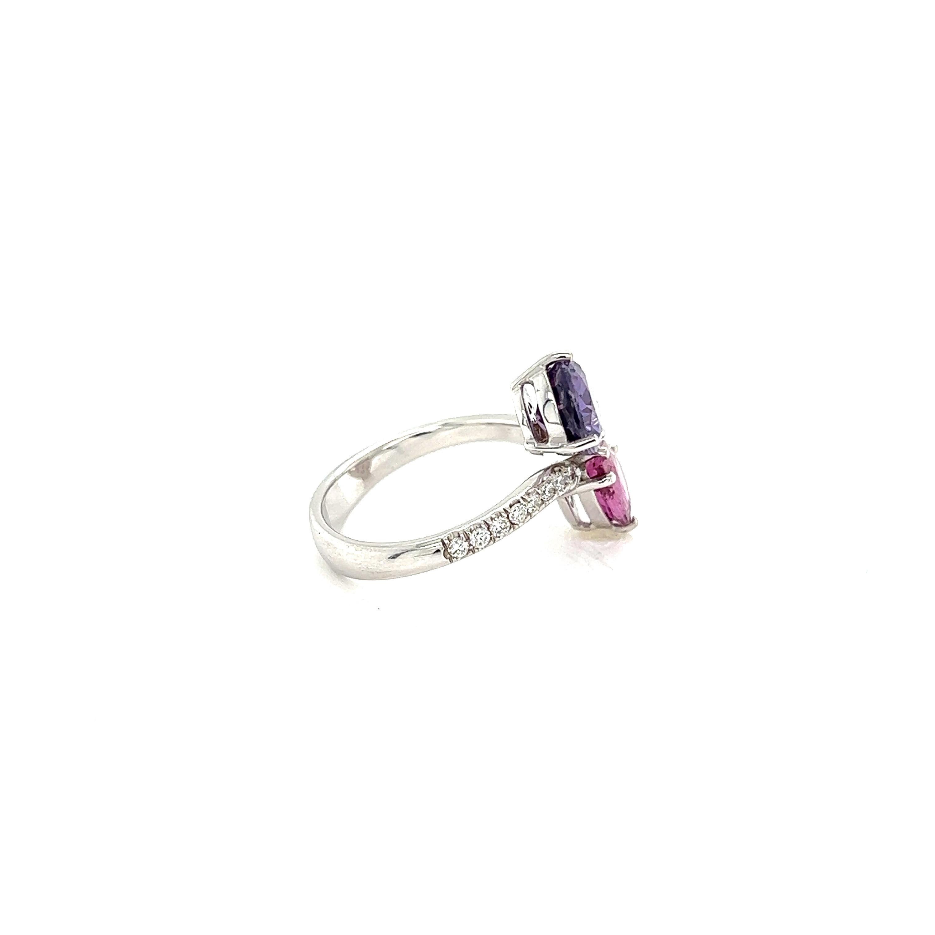 Women's French Ring Two Sapphire Corundum Violet Pink Diamonds White Gold 18 Karat For Sale