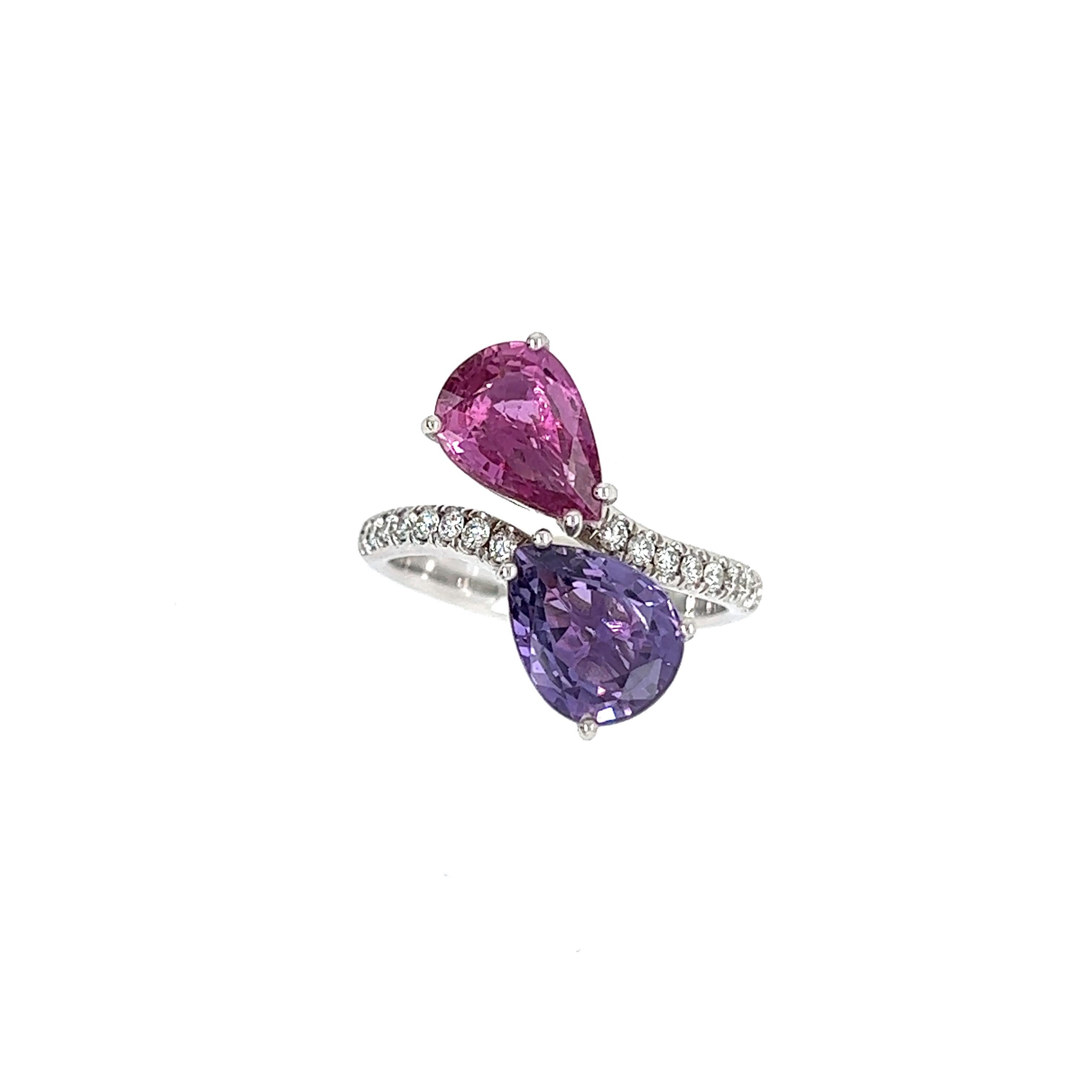 French Ring Two Sapphire Corundum Violet Pink Diamonds White Gold 18 Karat For Sale 1