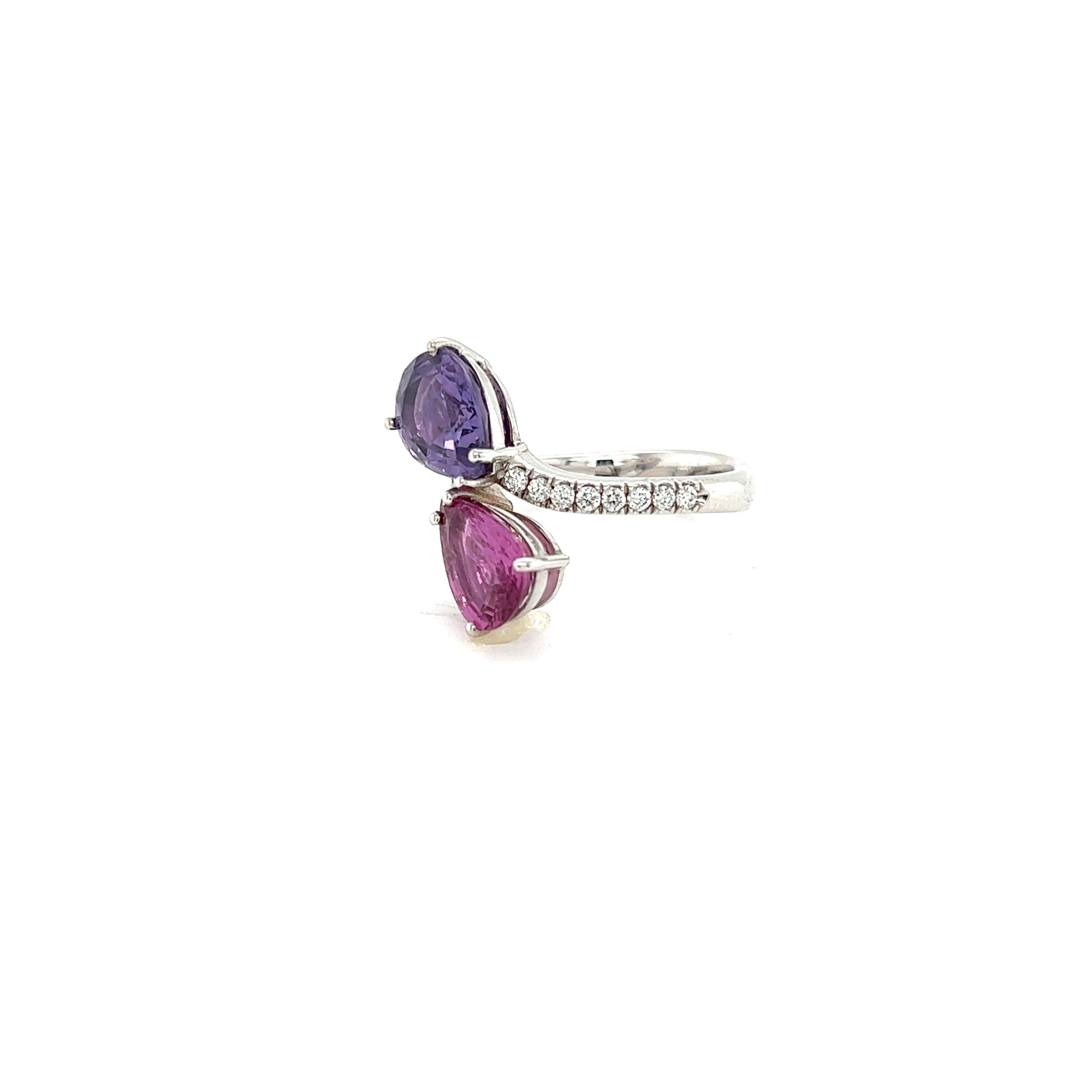 French Ring Two Sapphire Corundum Violet Pink Diamonds White Gold 18 Karat For Sale 2