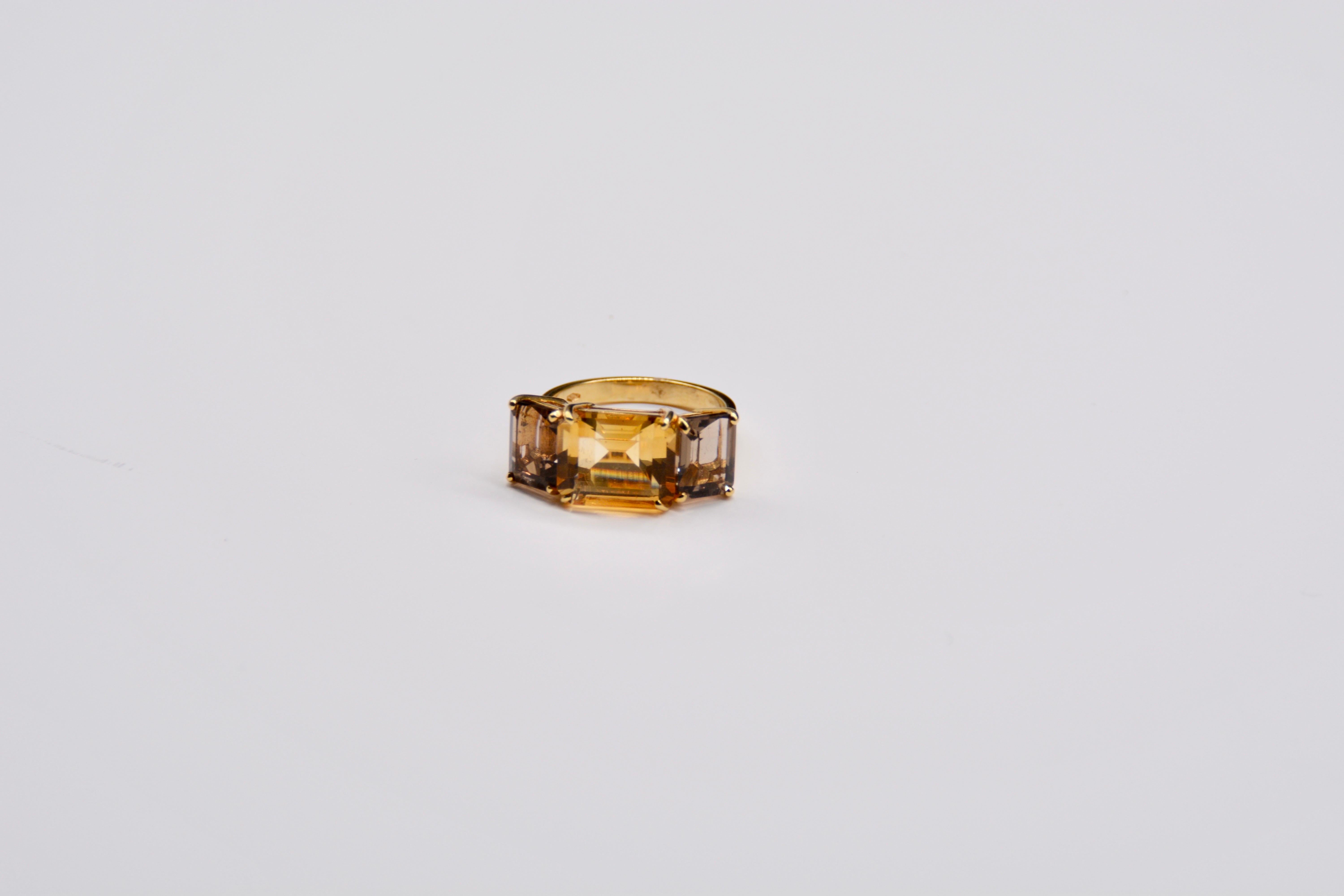 French Ring Yellow Gold Citrine Smoky Quartz For Sale 4