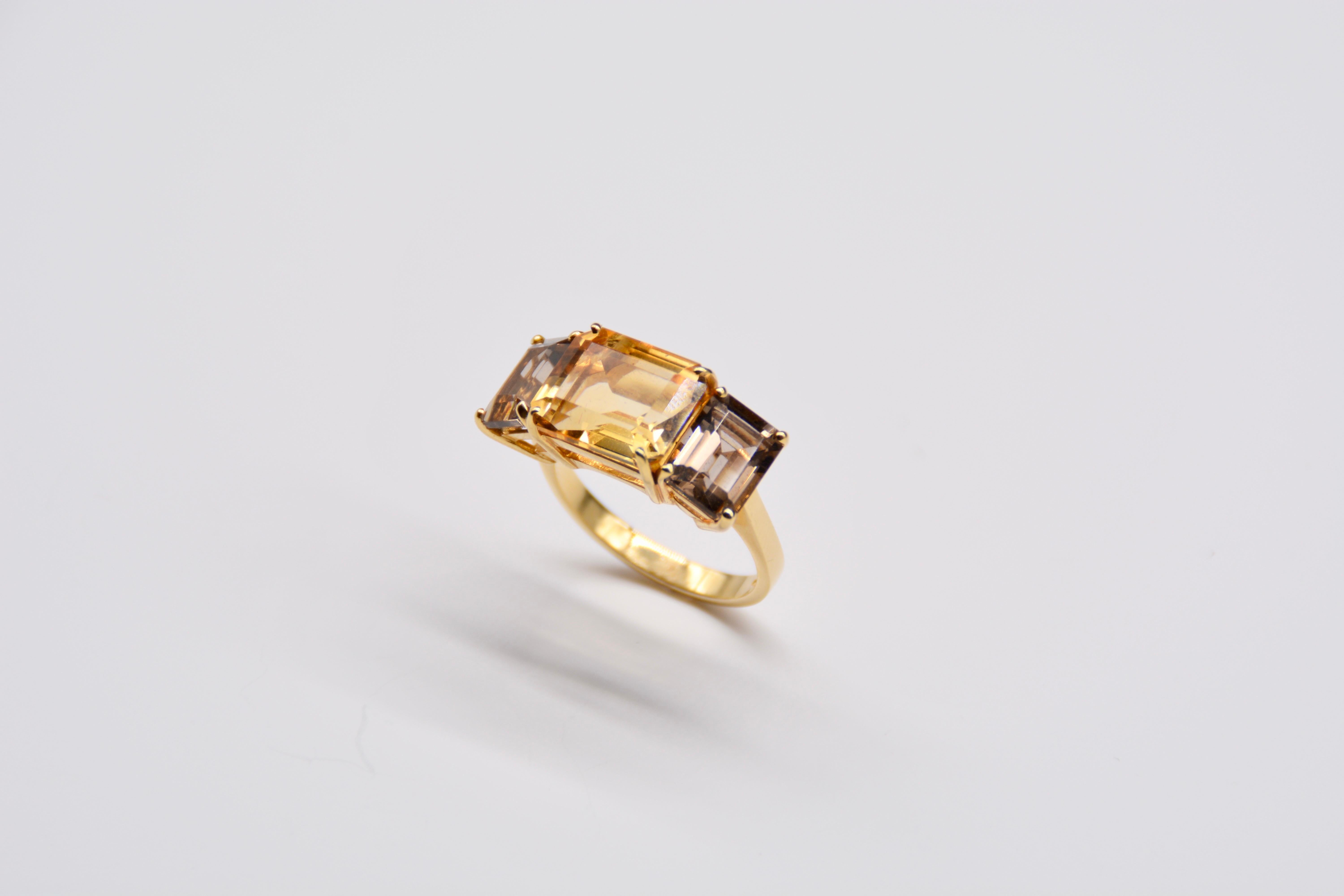 Contemporary French Ring Yellow Gold Citrine Smoky Quartz For Sale