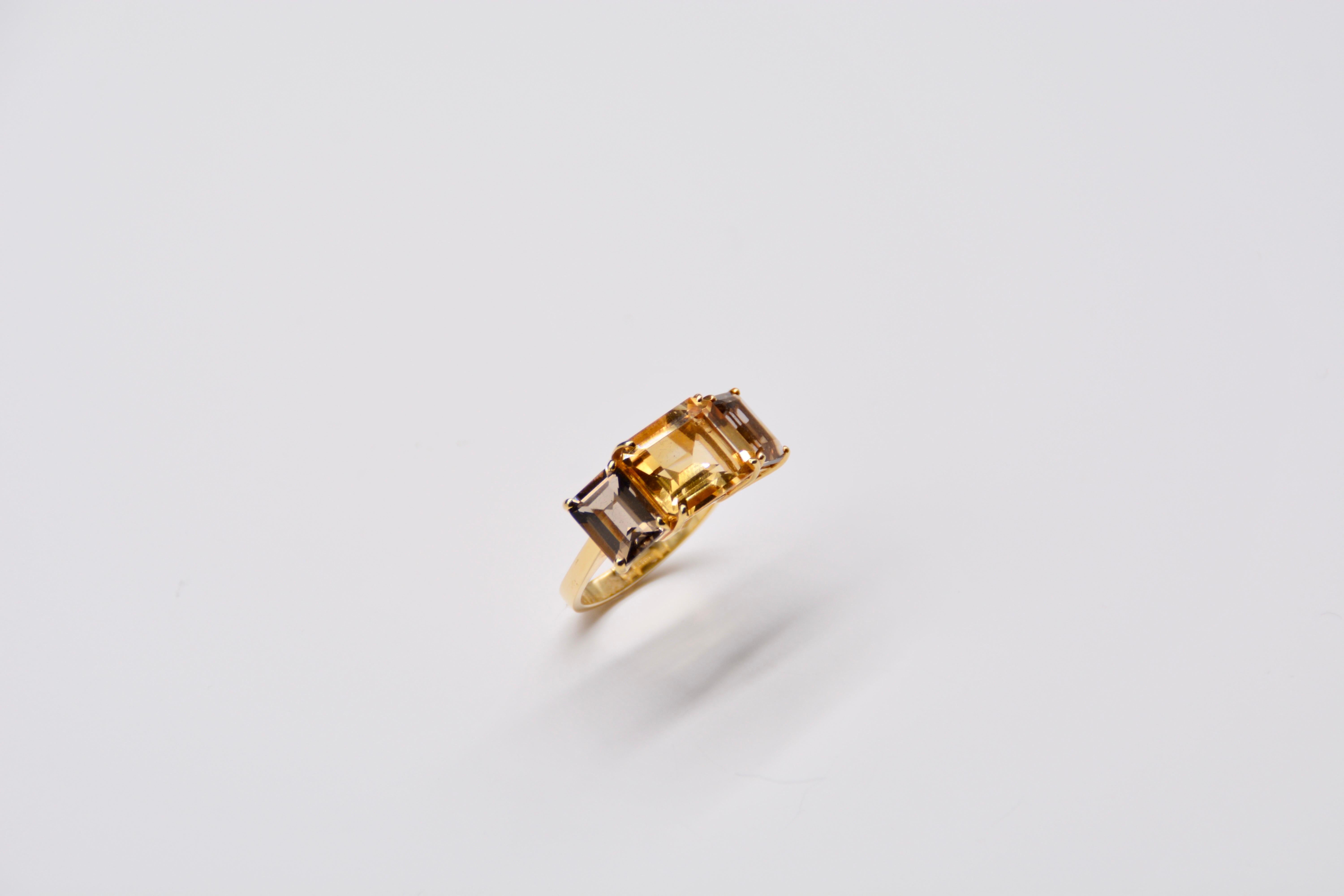 French Ring Yellow Gold Citrine Smoky Quartz For Sale 1