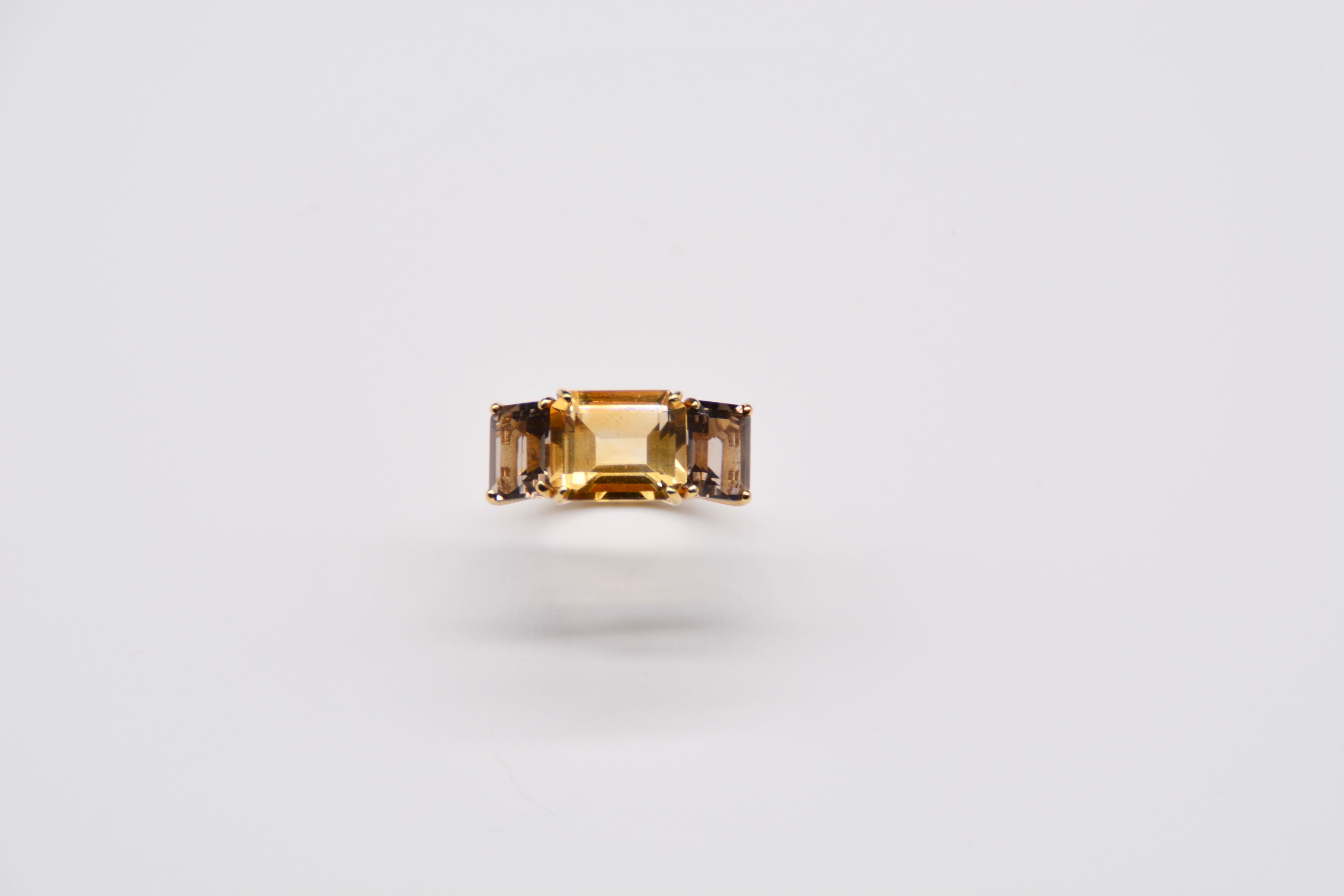 French Ring Yellow Gold Citrine Smoky Quartz For Sale 2