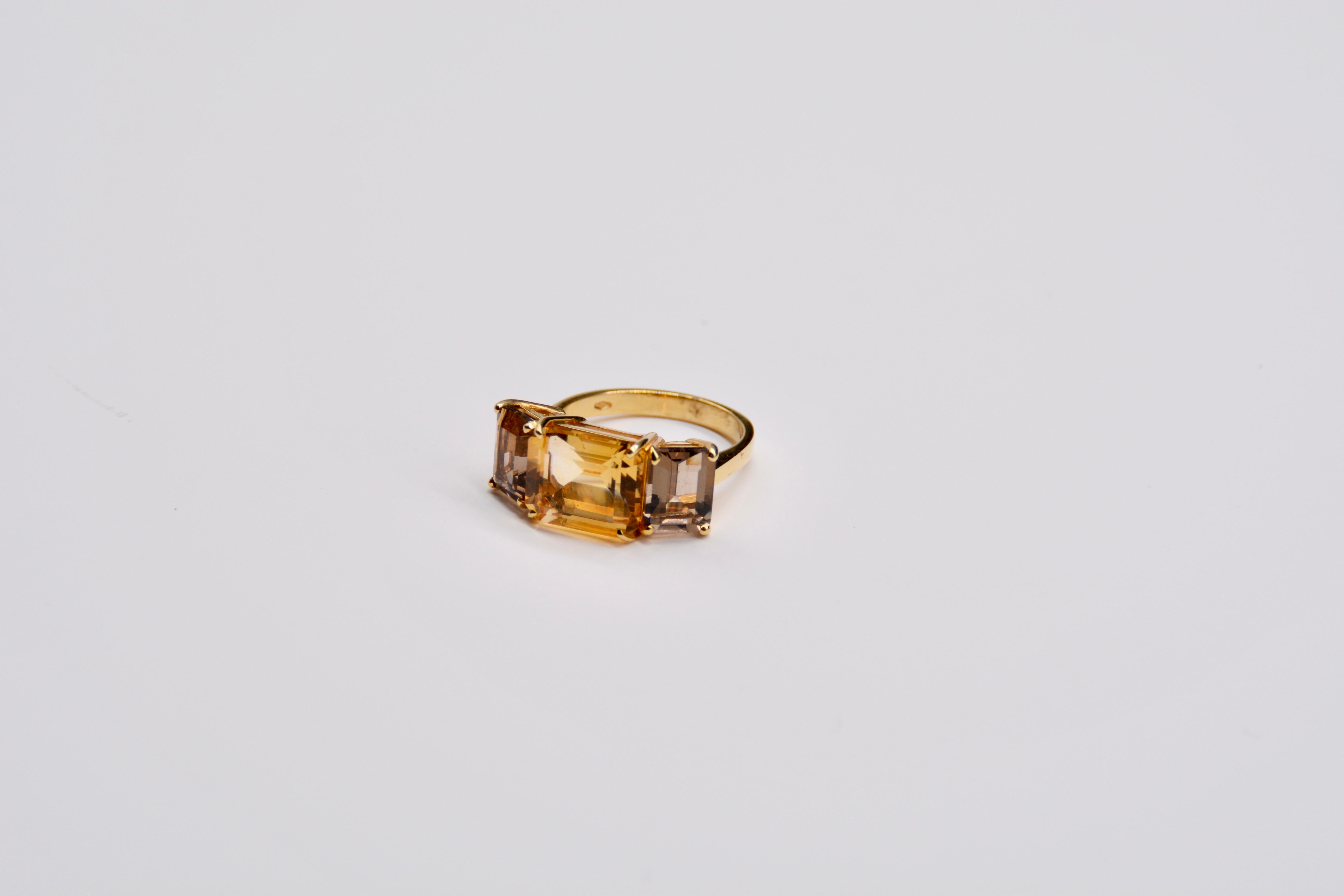 French Ring Yellow Gold Citrine Smoky Quartz For Sale 3