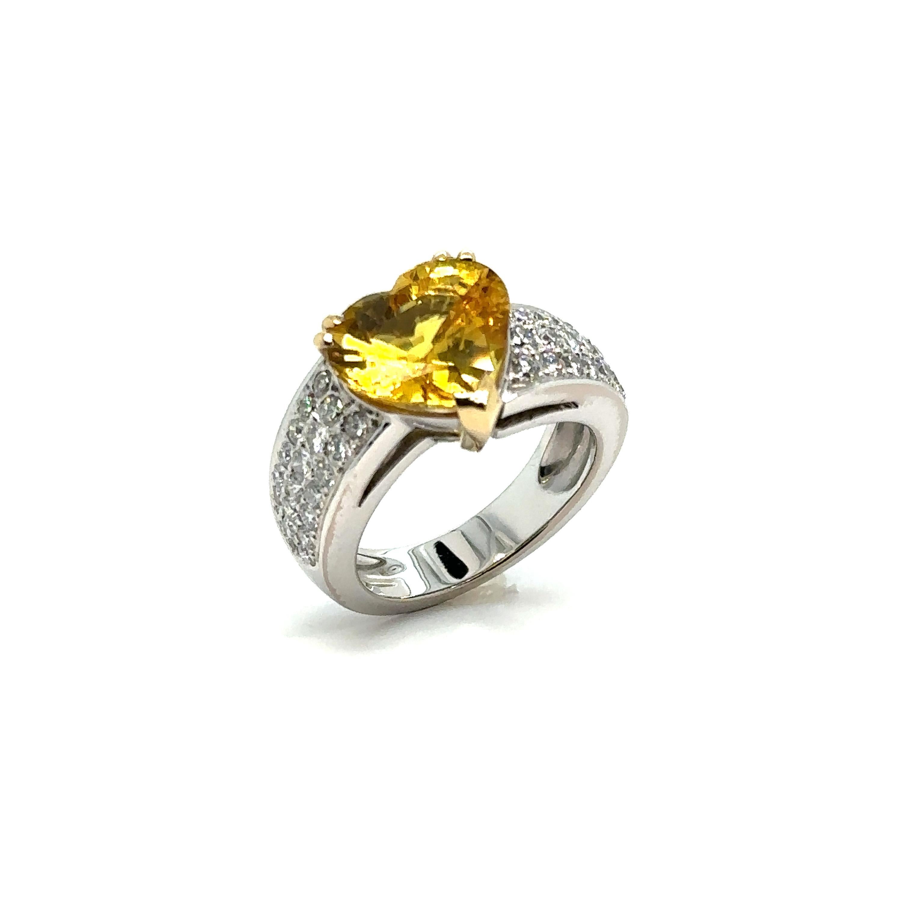 Heart Cut French Ring, Yellow Sapphire Heart, Pavage Diamonds
