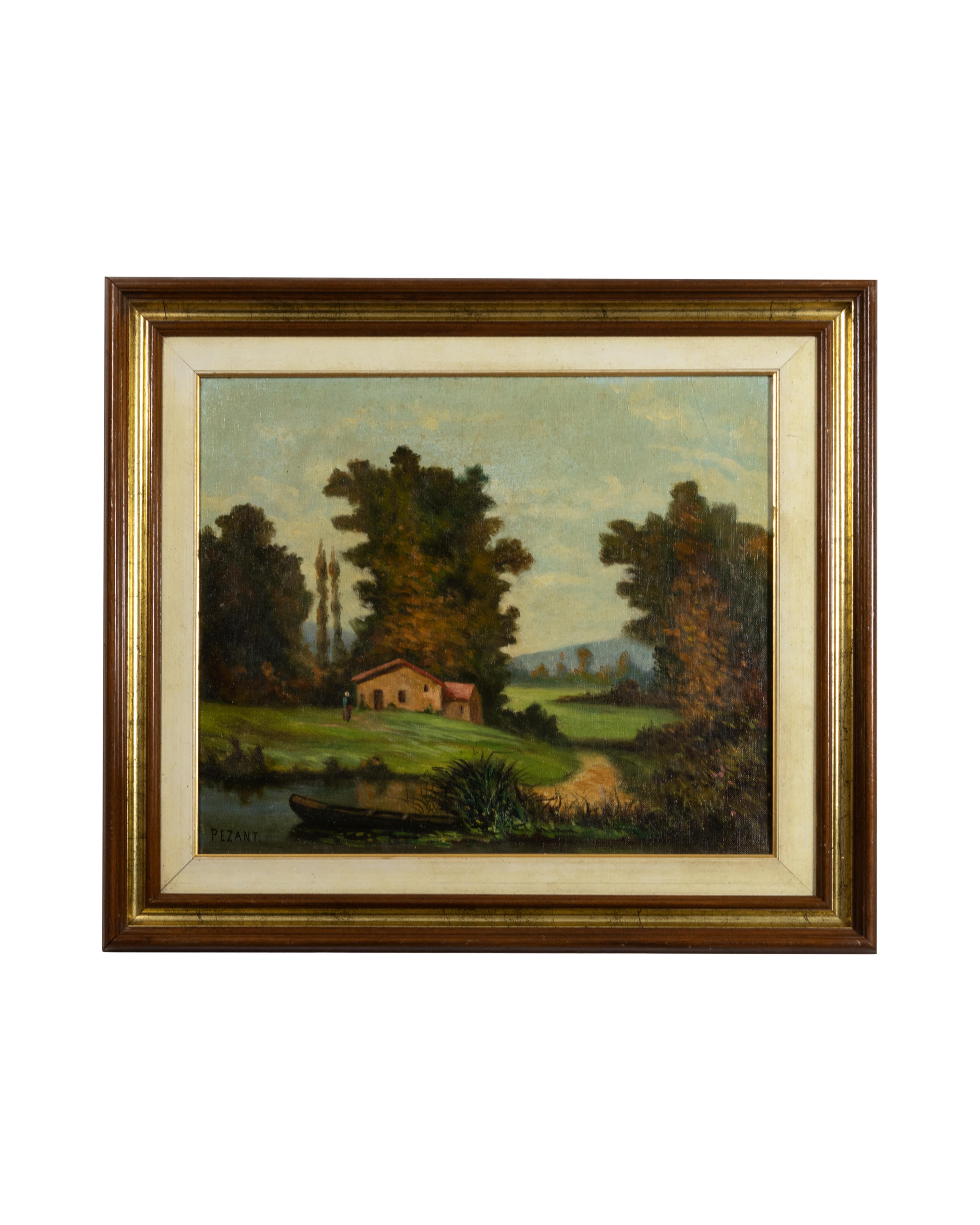 A olio Paesaggio fluviale francese dipinto a olio da Pezant, 1900 in vendita