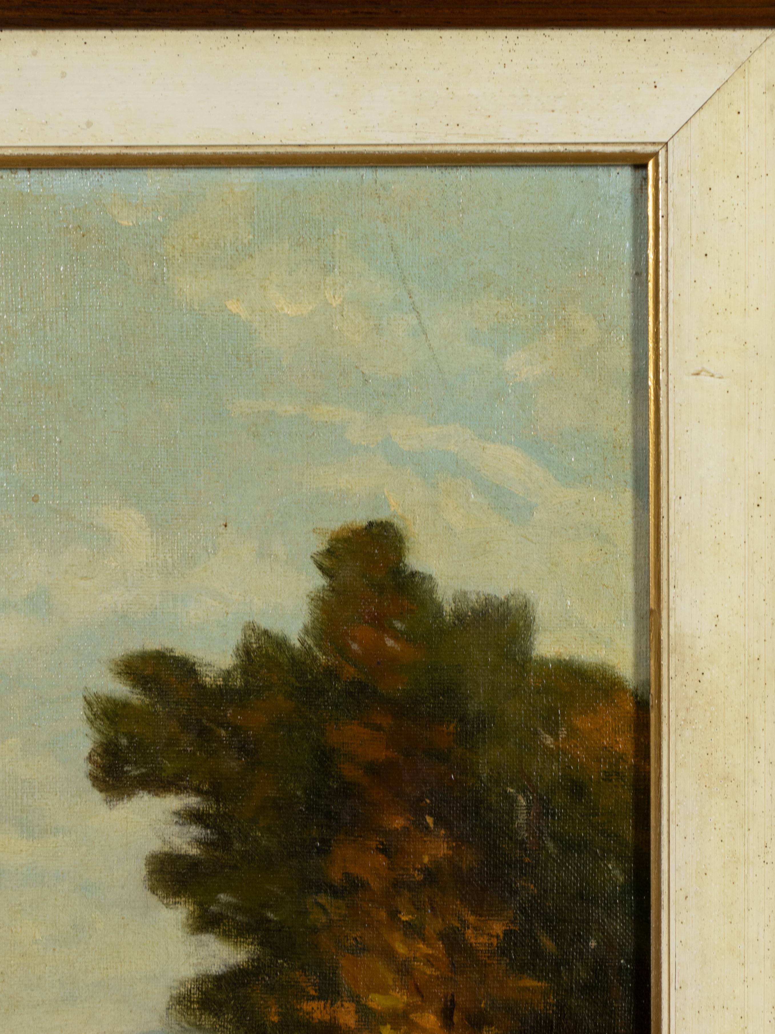 Tela Paesaggio fluviale francese dipinto a olio da Pezant, 1900 in vendita