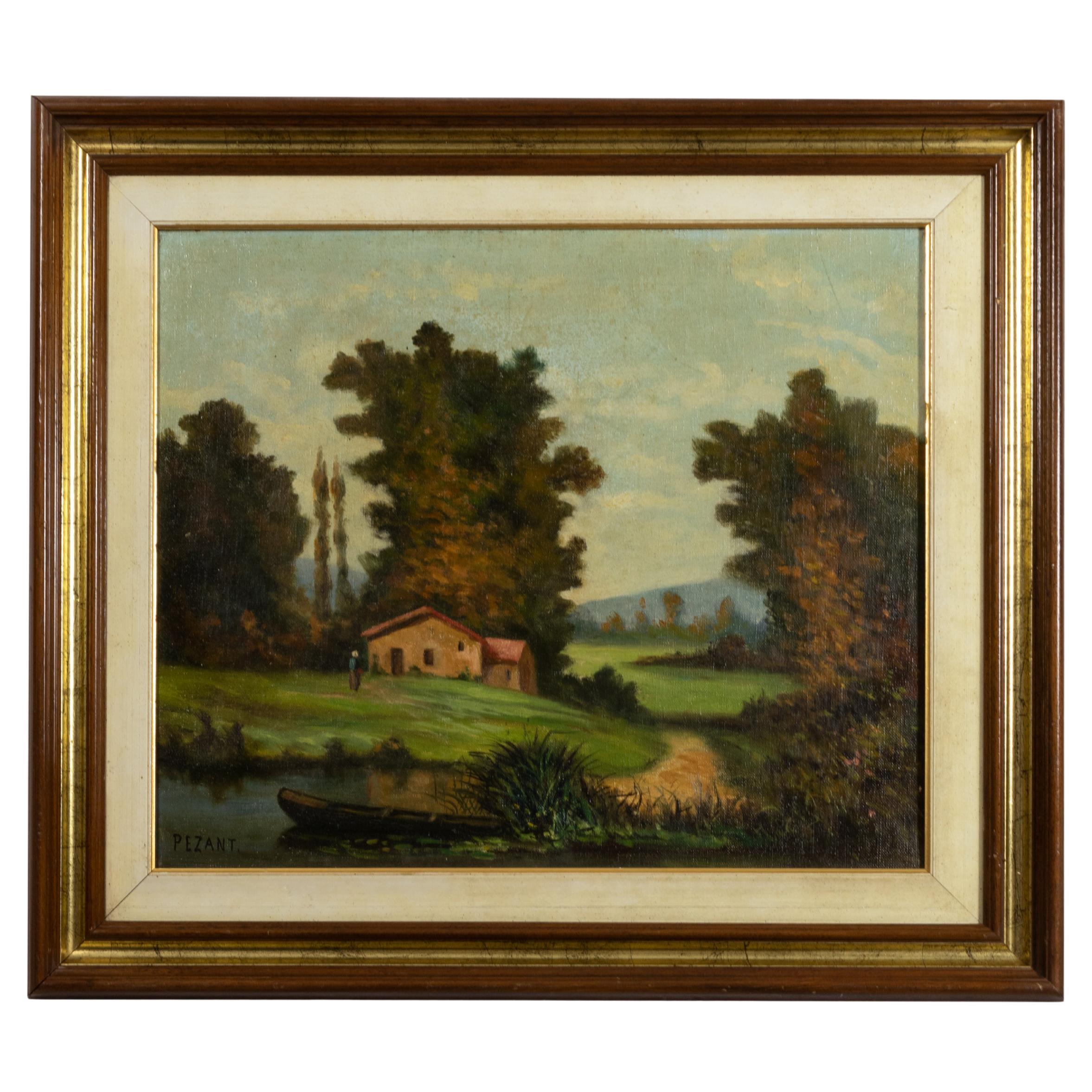 French River Landscape Oil Painting by Pezant, 1900s