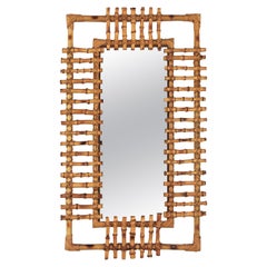 Rattan Rectangular Sunburst Mirror from France, 1950s