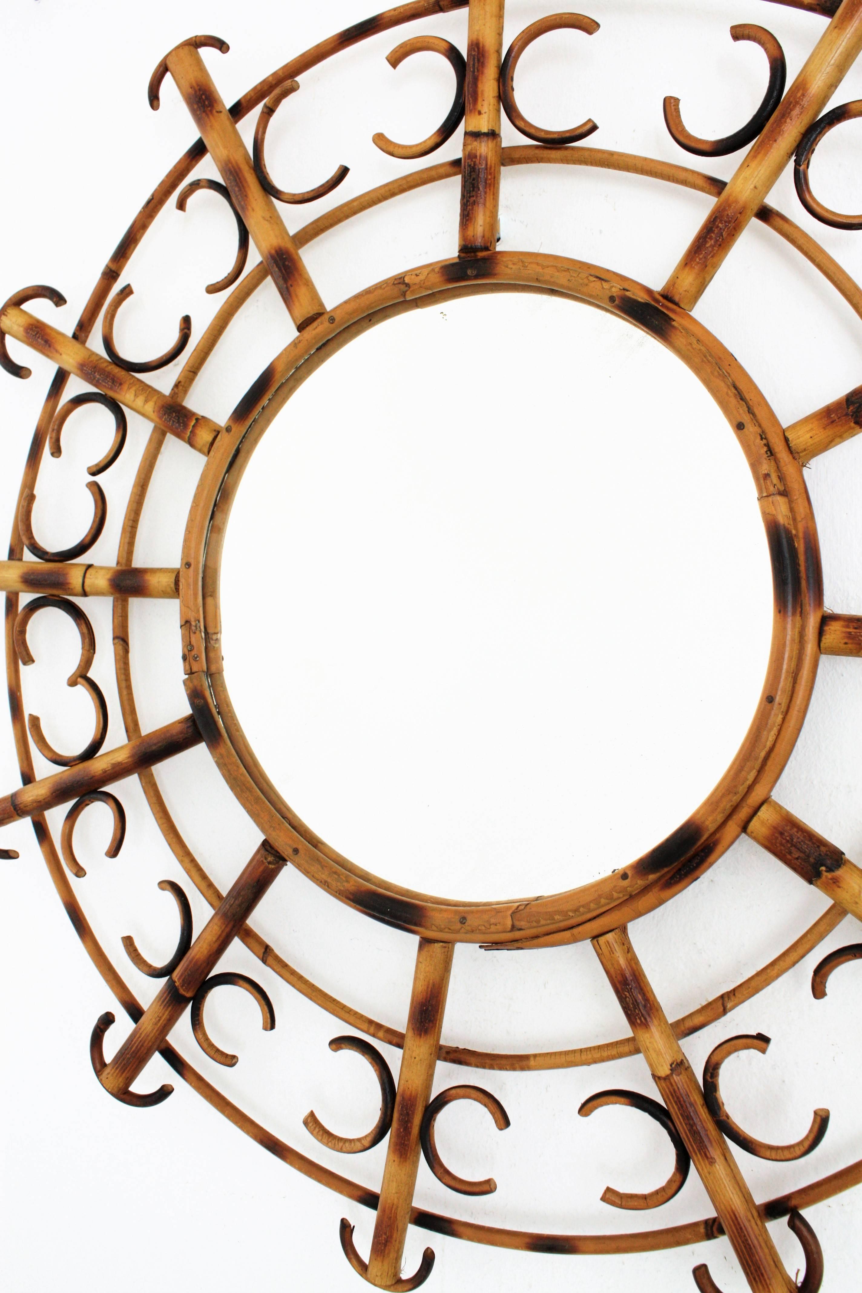 Mid-Century Modern French Riviera 1950s Bamboo and Rattan Sunburst Mirror with Semicircles Motifs