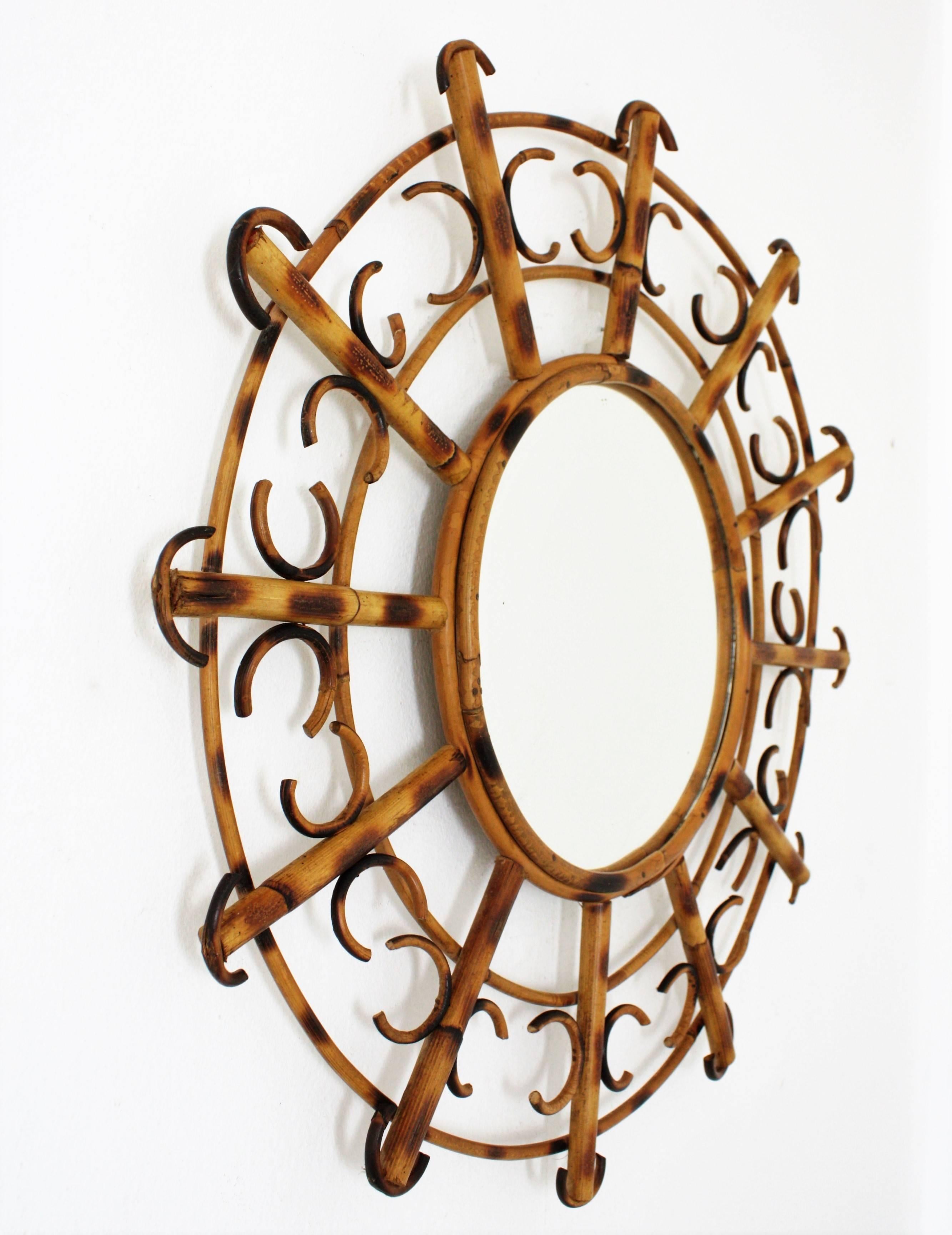 Hand-Crafted French Riviera 1950s Bamboo and Rattan Sunburst Mirror with Semicircles Motifs