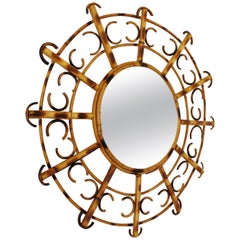 French Riviera 1950s Bamboo and Rattan Sunburst Mirror with Semicircles Motifs