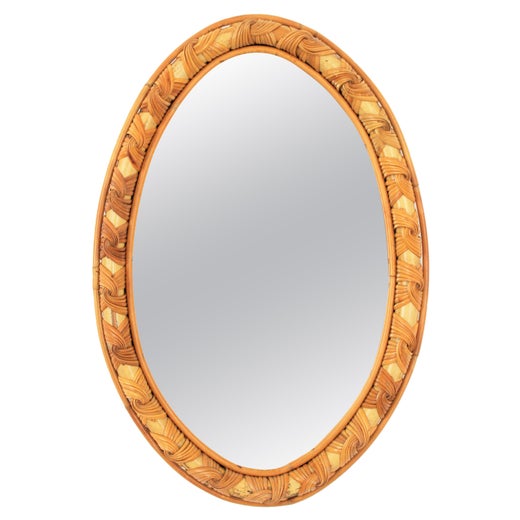 French Riviera 1960s Oval Rattan And Bamboo Mirror With Wicker French Riviera 1960s Oval Rattan And