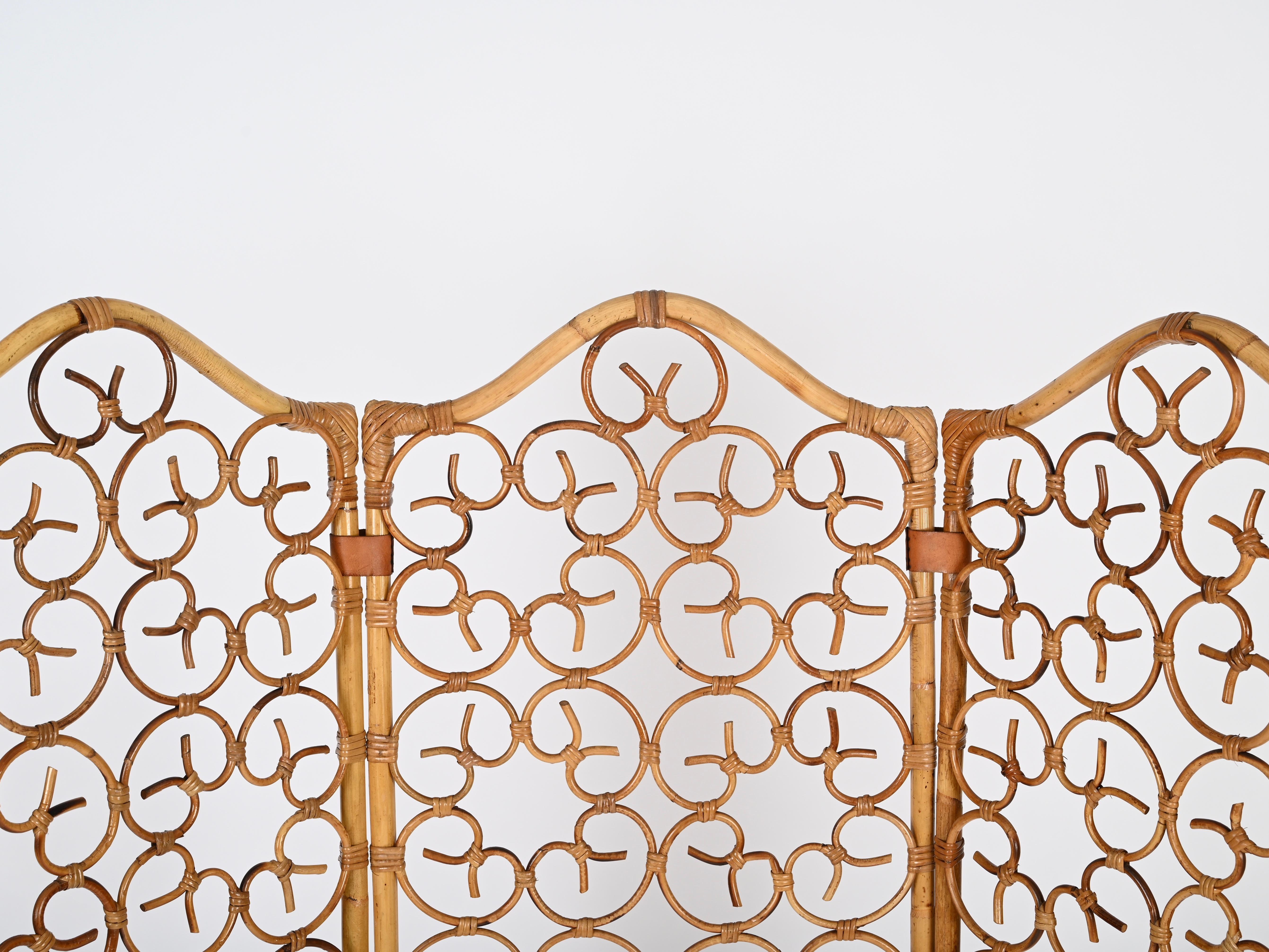 French Riviera 3 Panel Rattan and Bamboo Folding Screen Room Divider, Italy 1960 For Sale 2