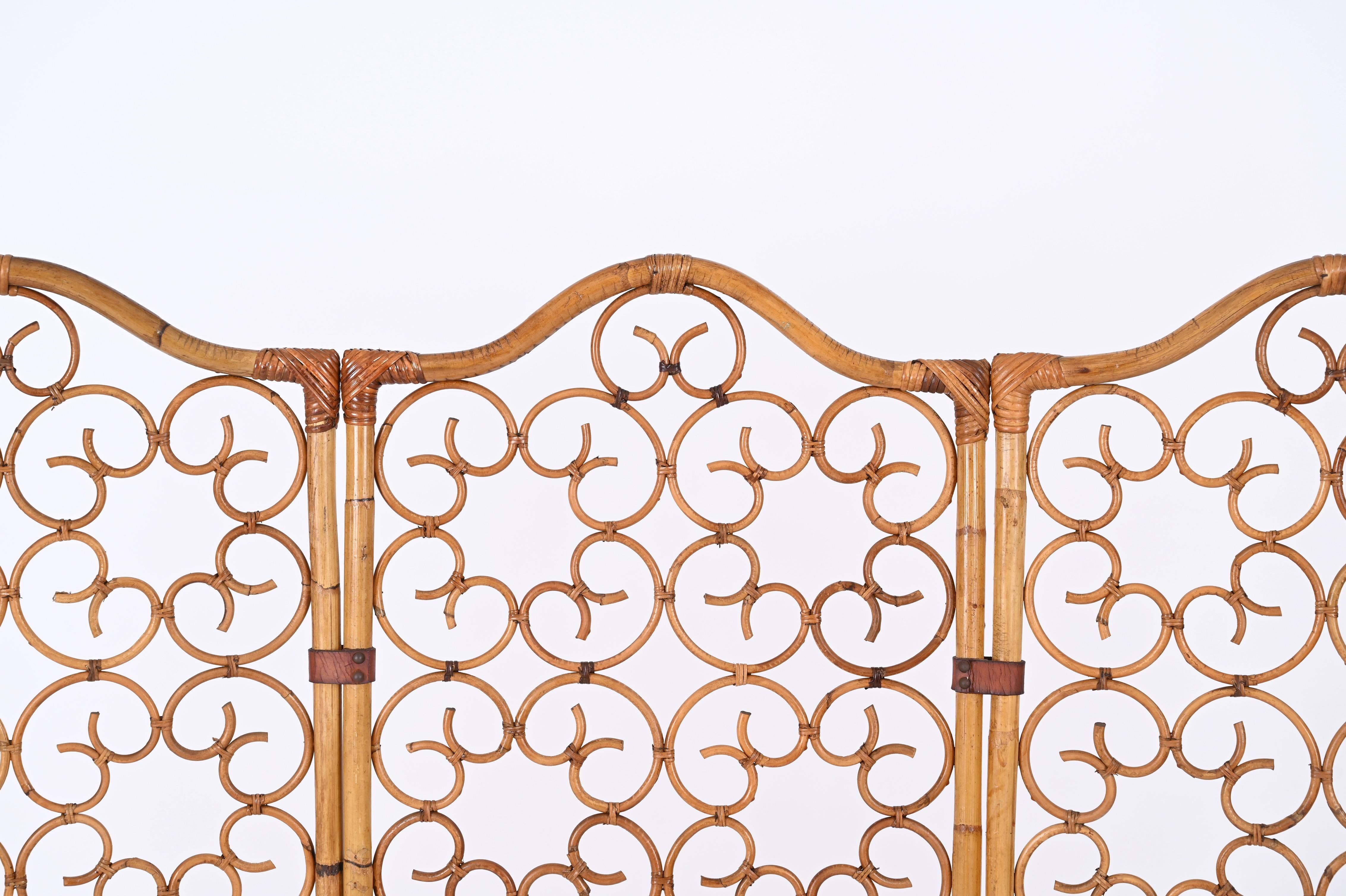 French Riviera 3 Panel Rattan and Bamboo Folding Screen Room Divider, Italy 1960 8