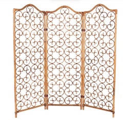 French Riviera 3 Panel Rattan and Bamboo Folding Screen Room Divider, Italy 1960