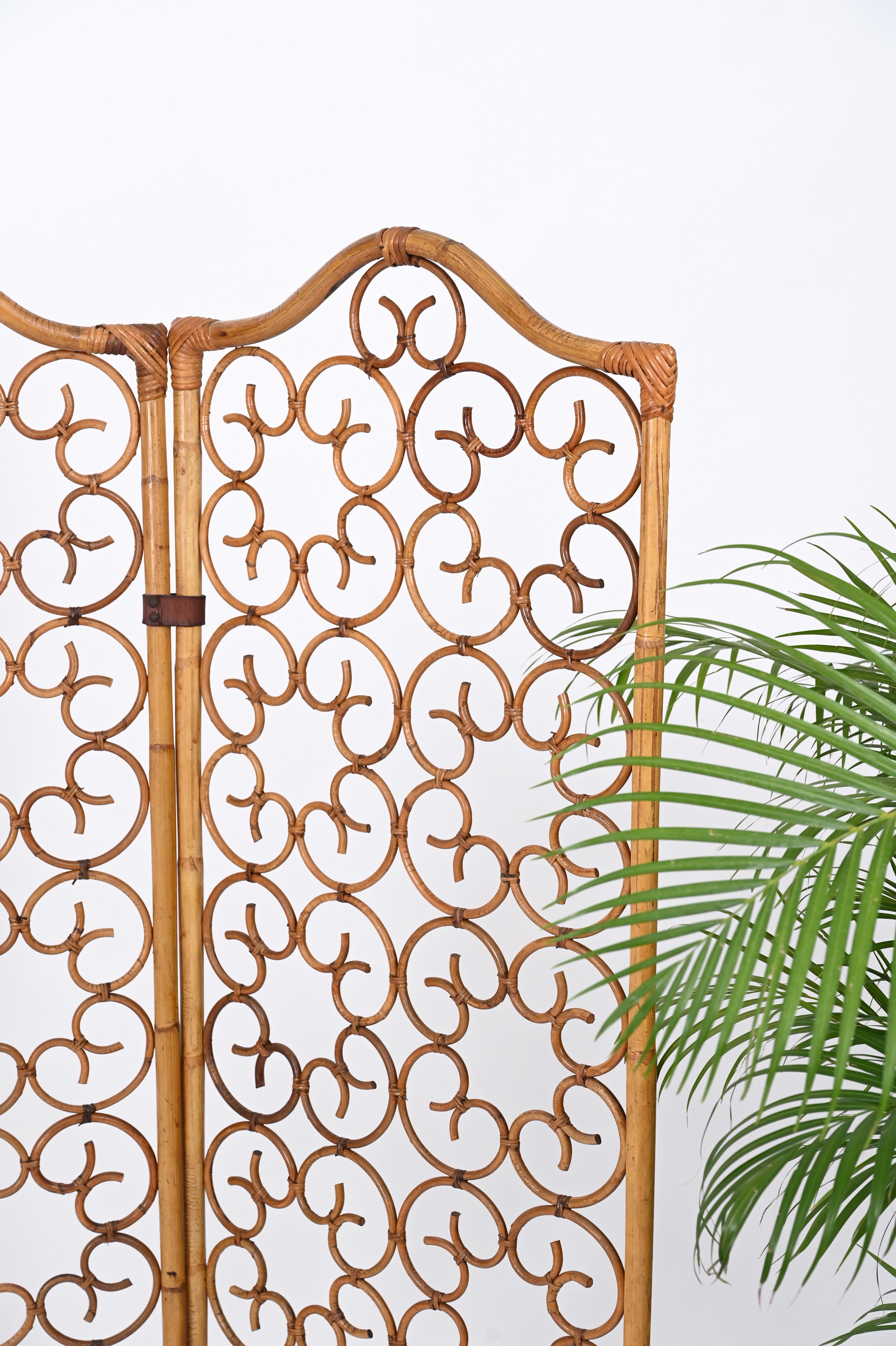 Hand-Crafted French Riviera 3 Panel Rattan and Bamboo Folding Screen Room Divider, Italy 1960