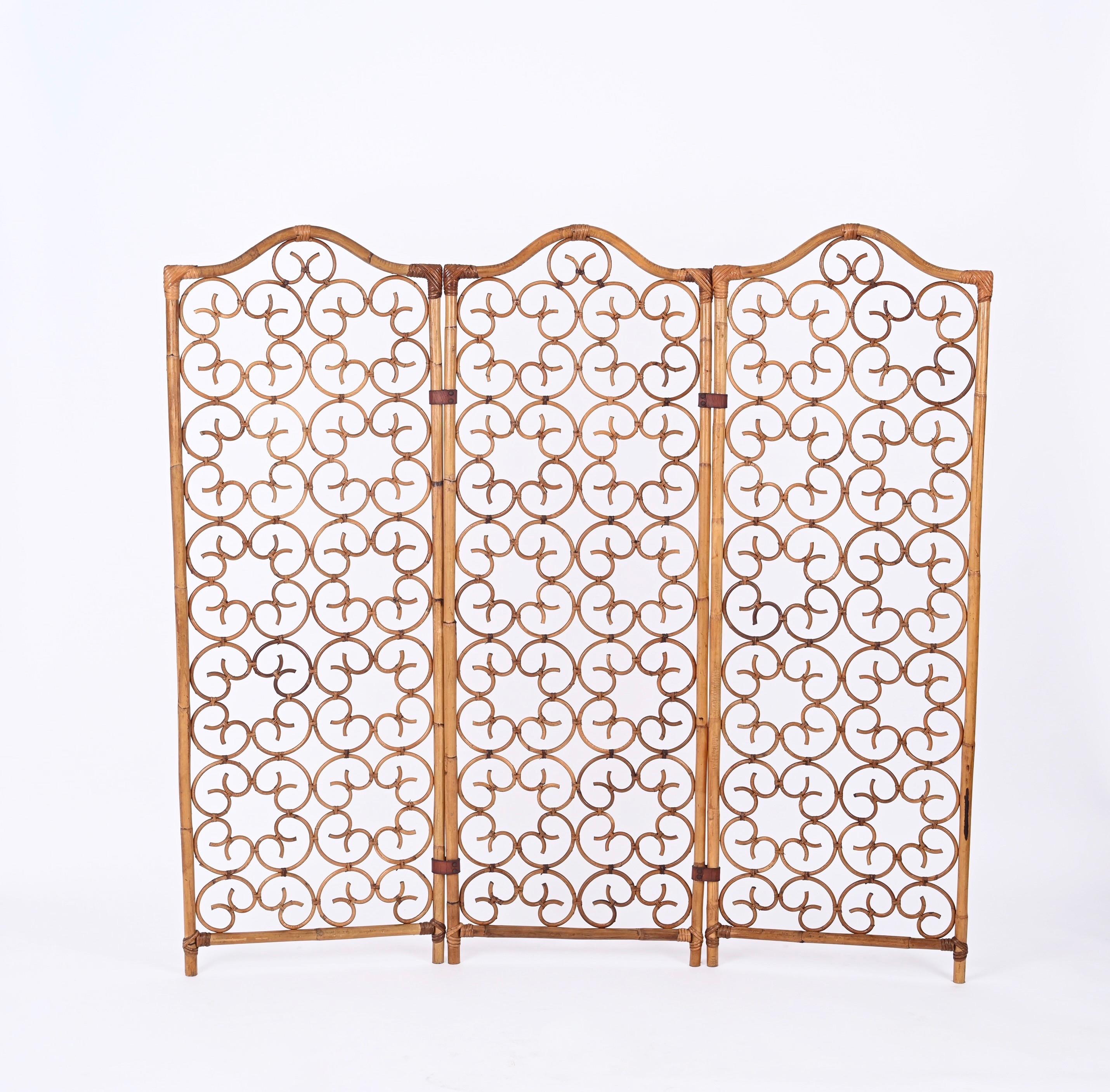20th Century French Riviera 3 Panel Rattan and Bamboo Folding Screen Room Divider, Italy 1960