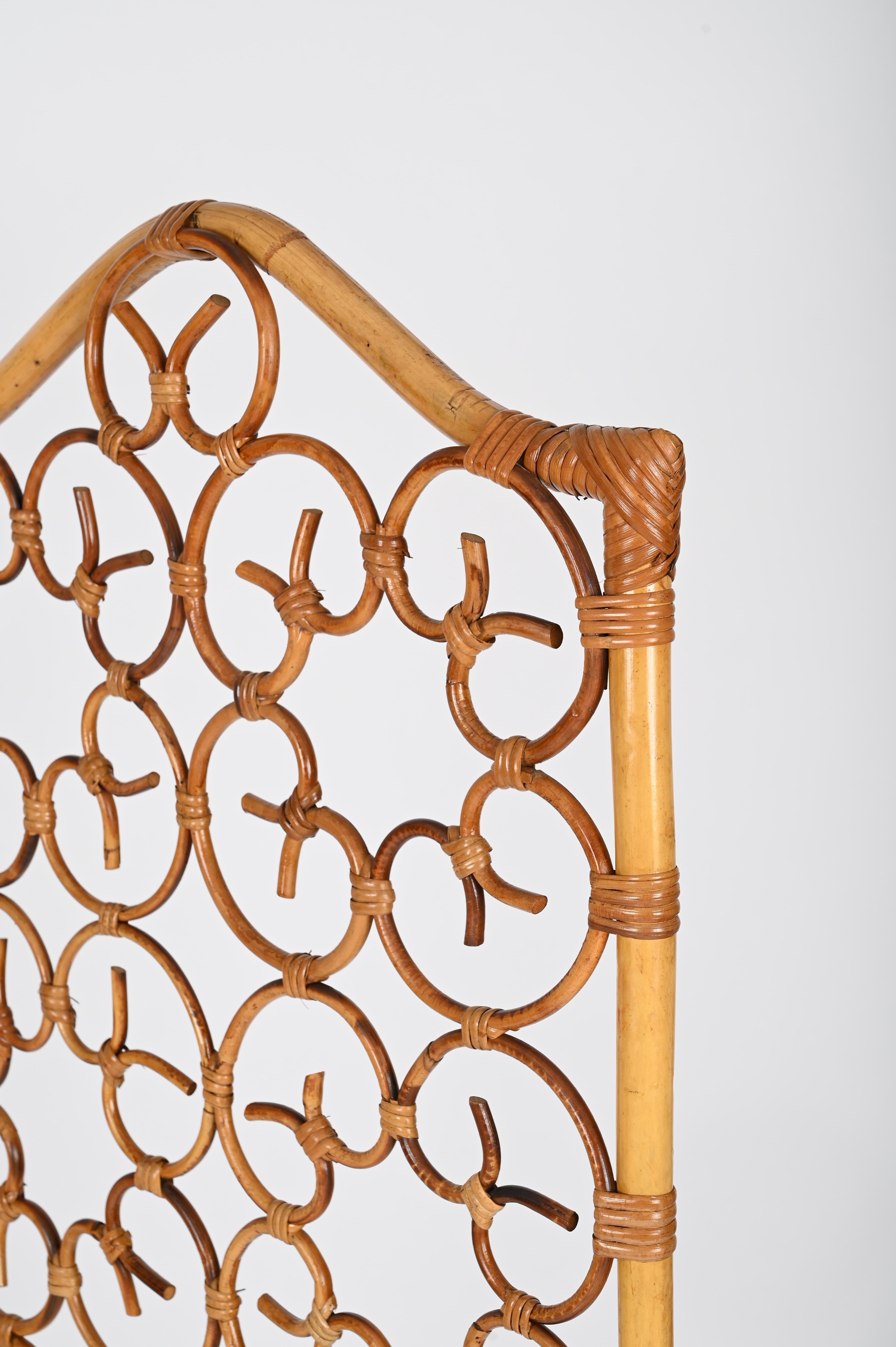 Hand-Crafted French Riviera 3 Panel Rattan and Bamboo Folding Screen Room Divider, Italy 1960 For Sale