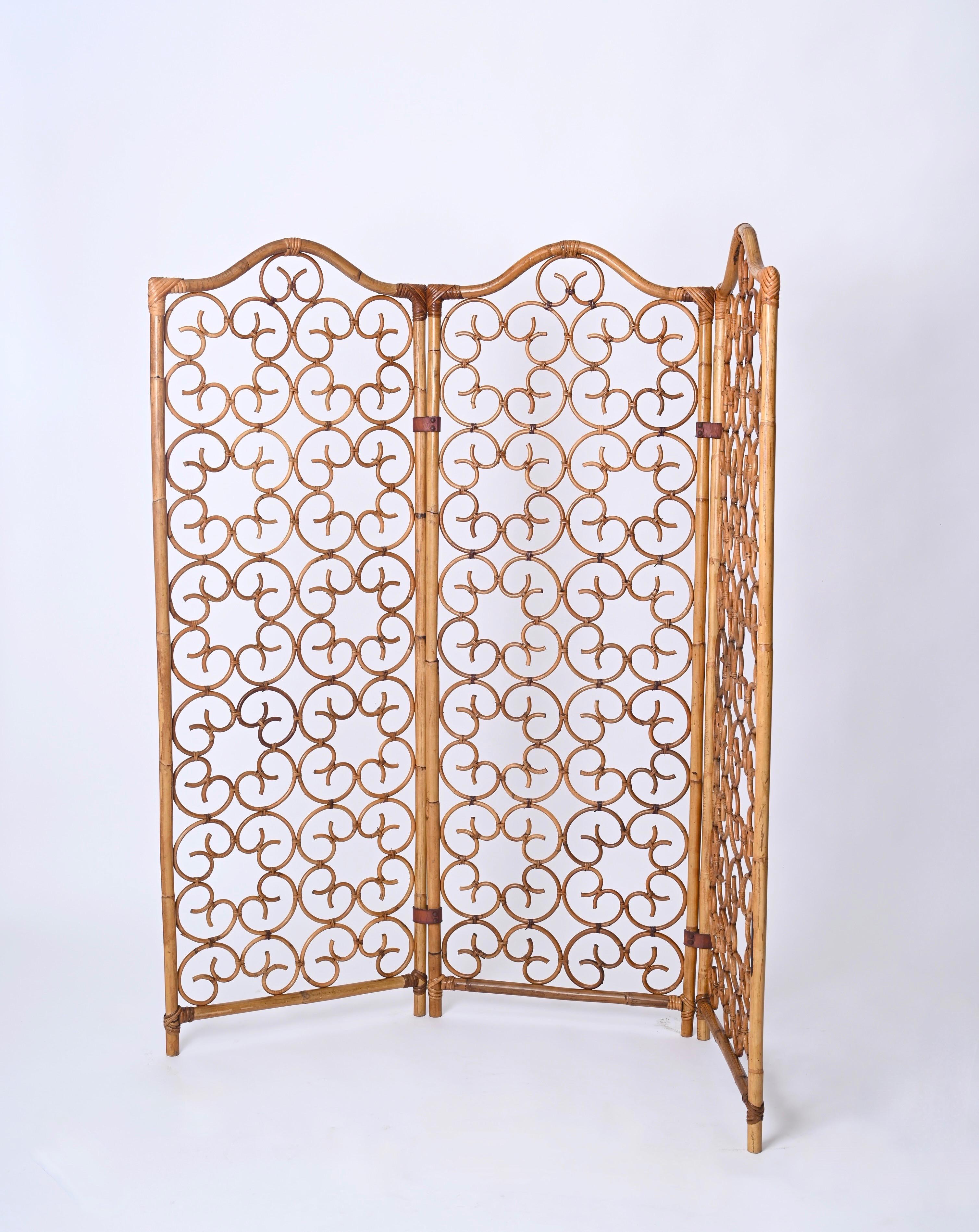 French Riviera 3 Panel Rattan and Bamboo Folding Screen Room Divider, Italy 1960 1