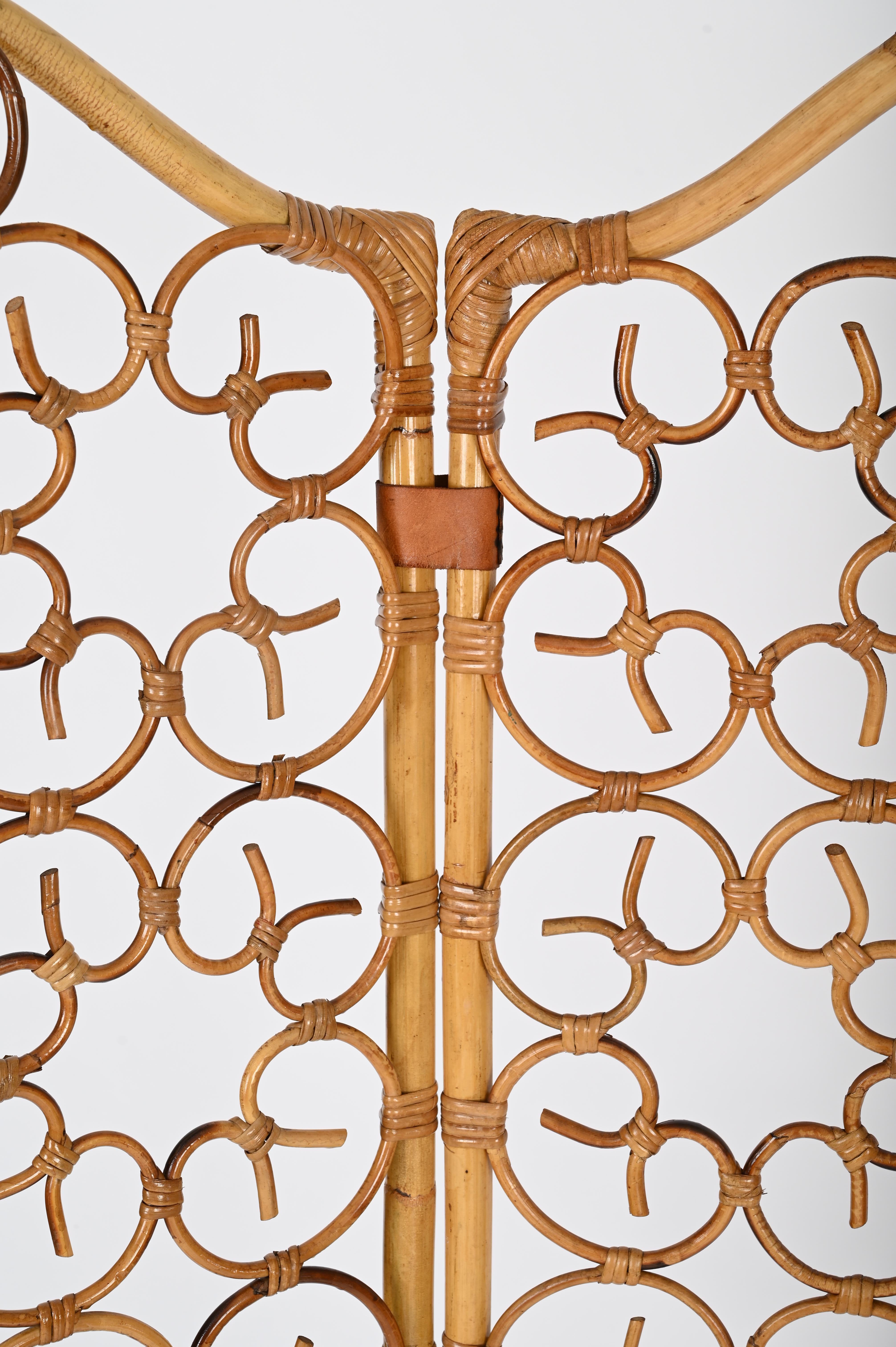 Leather French Riviera 3 Panel Rattan and Bamboo Folding Screen Room Divider, Italy 1960 For Sale