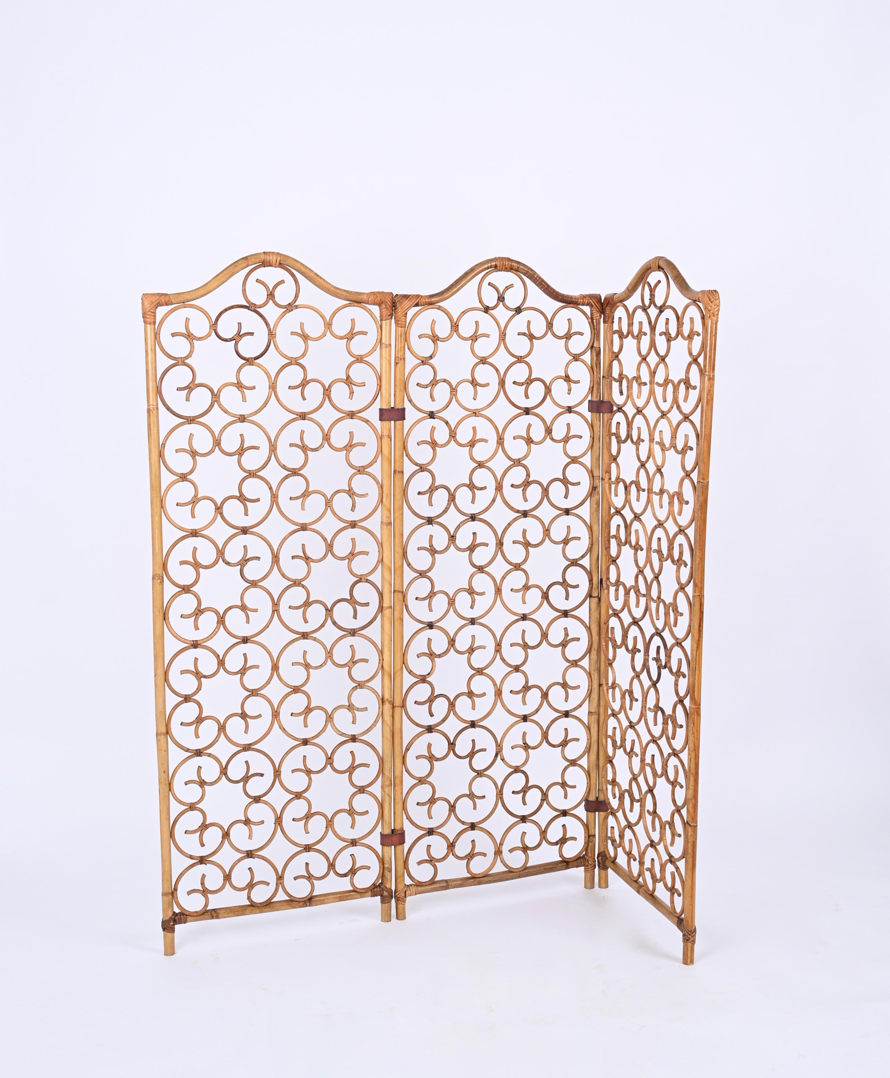 French Riviera 3 Panel Rattan and Bamboo Folding Screen Room Divider, Italy 1960 3