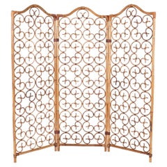 French Riviera 3 Panel Rattan and Bamboo Folding Screen Room Divider, Italy 1960