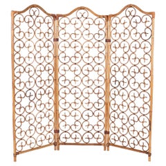 Retro French Riviera 3 Panel Rattan and Bamboo Folding Screen Room Divider, Italy 1960