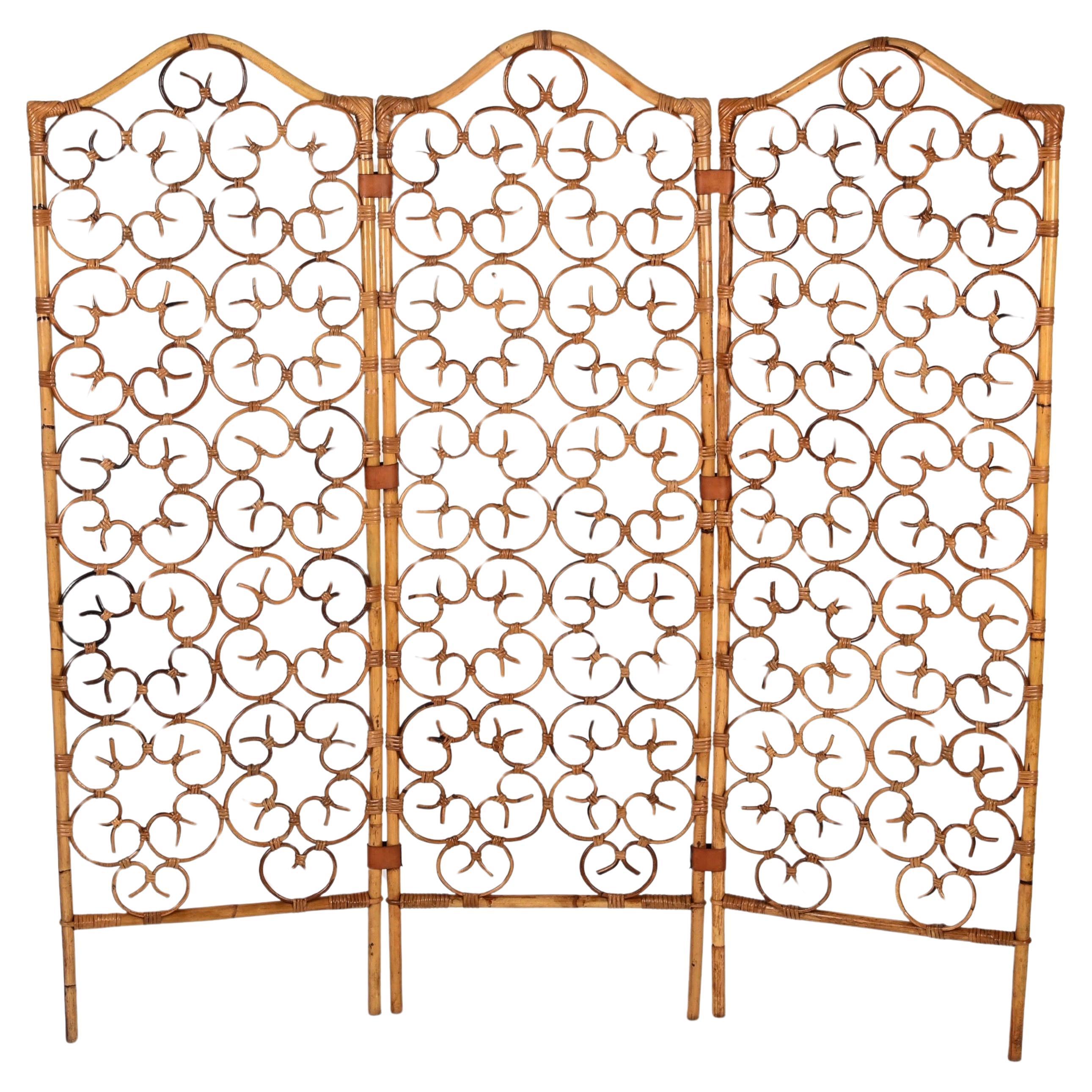 French Riviera 3 Panel Rattan and Bamboo Folding Screen Room Divider, Italy 1960
