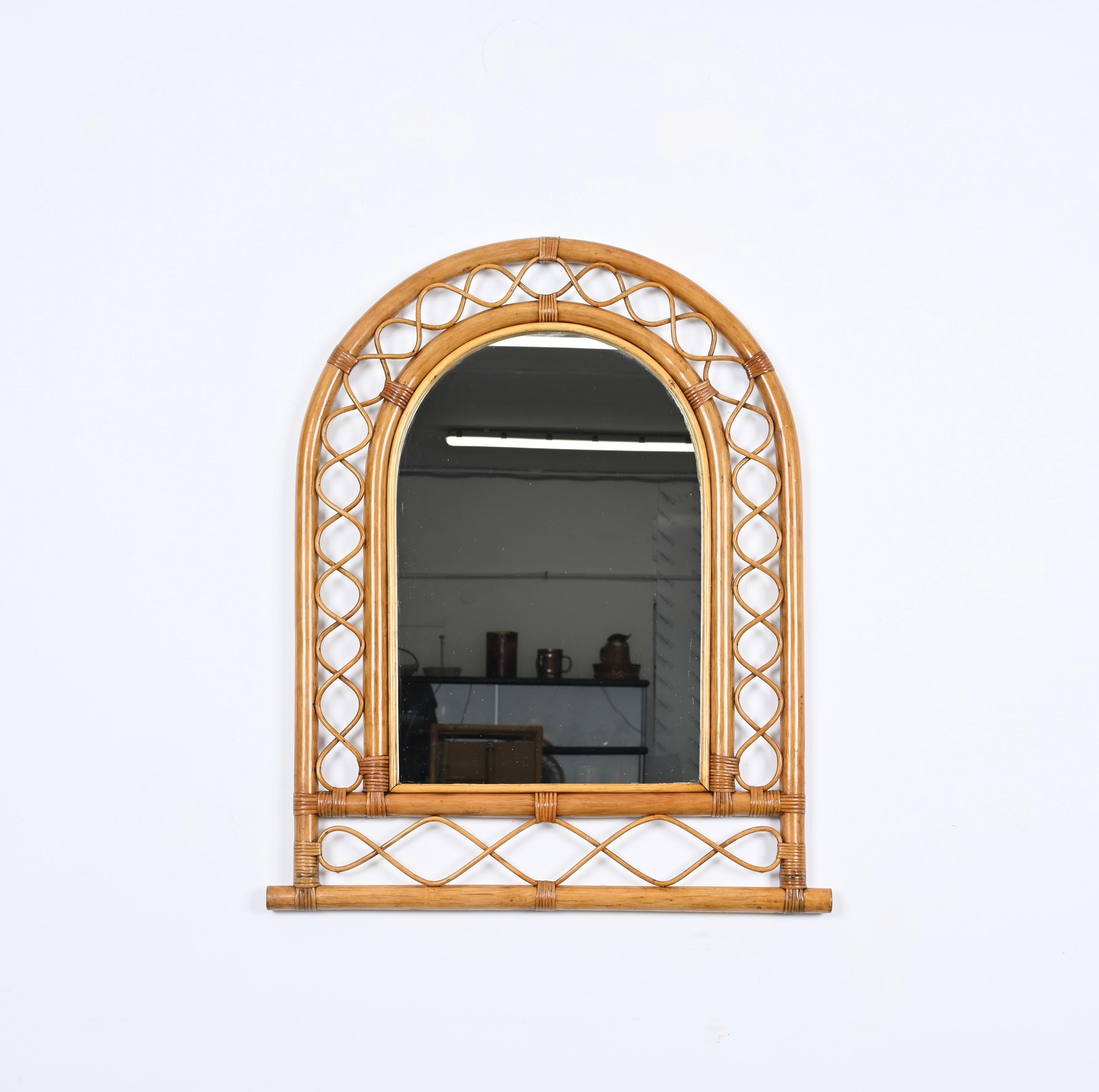 Mid-20th Century French Riviera Arch Mirror in Rattan, Wicker and Bamboo, Italy 1960s For Sale