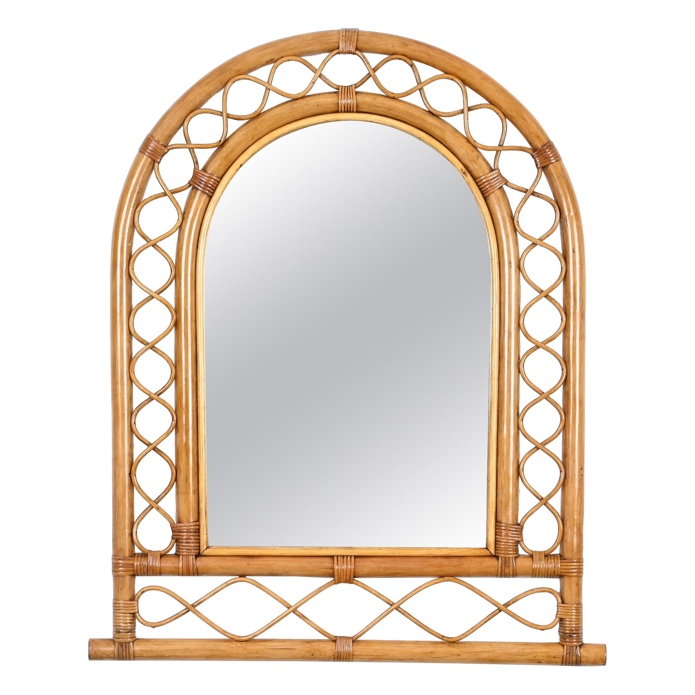 Espejo Arco Riviera Francesa de ratán, mimbre y bambú, Italia Años 60