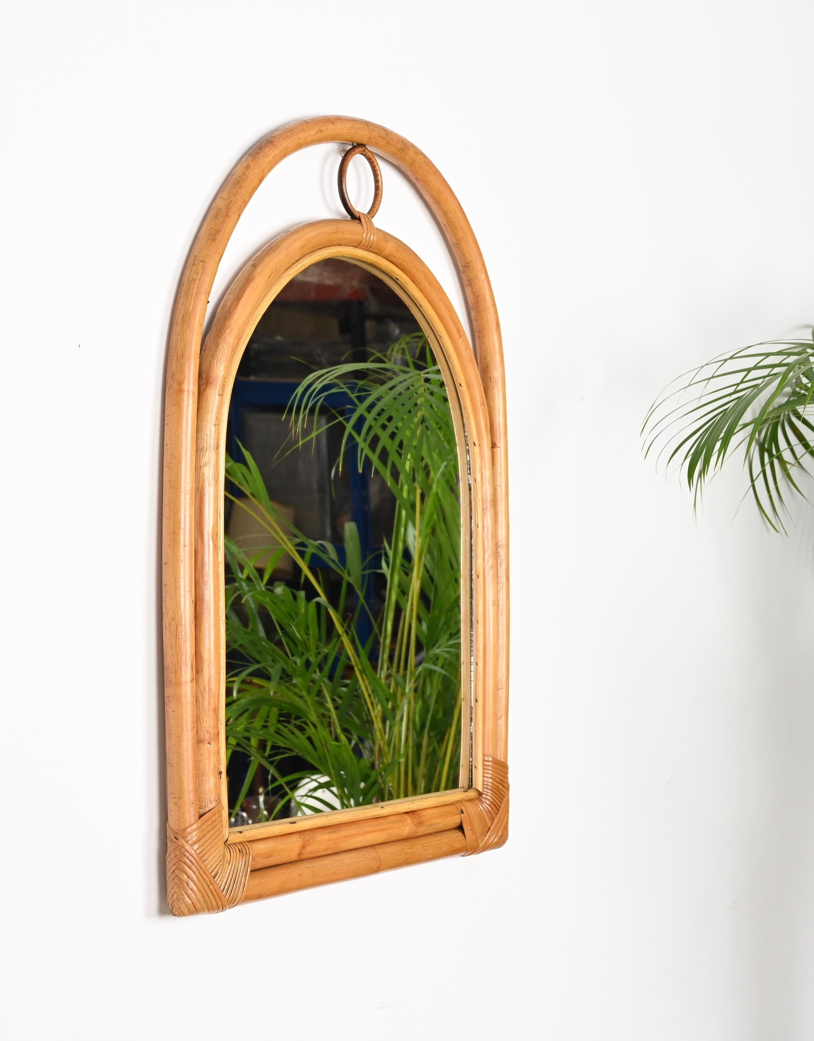French Riviera Arch Mirror with Double Bamboo and Rattan Frame, Italy, 1970s For Sale 3