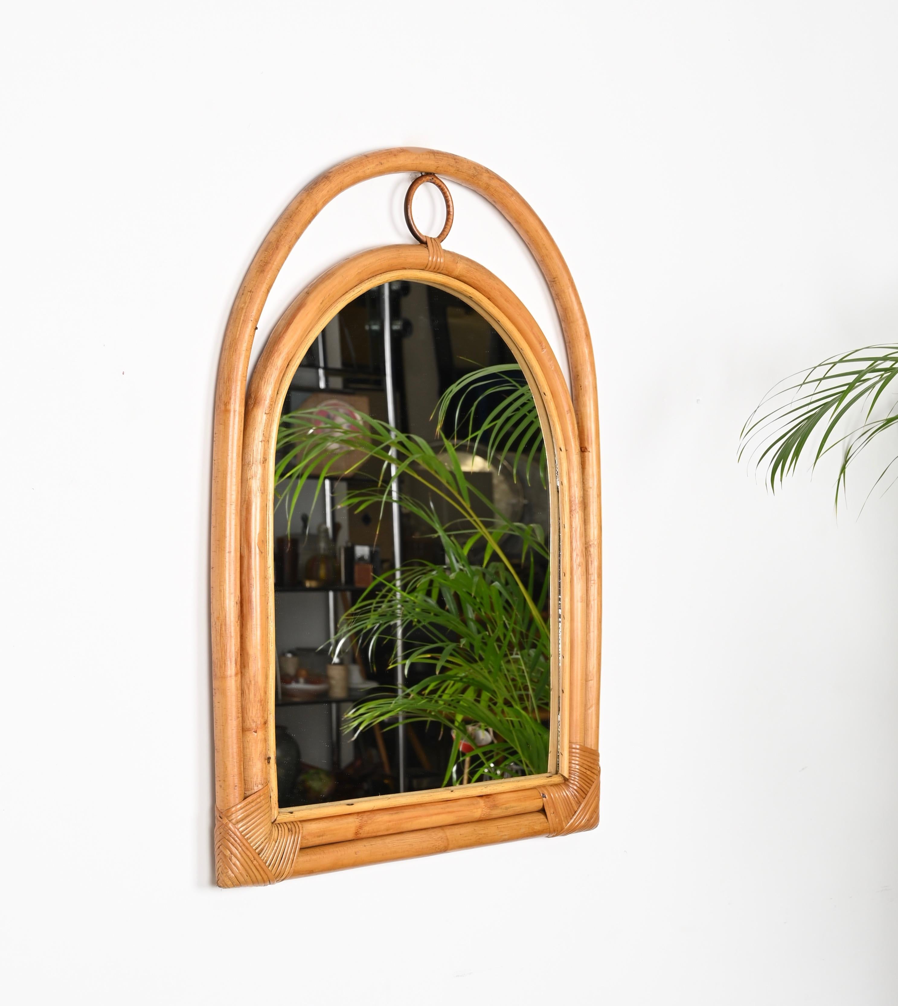 Mid-Century Modern French Riviera Arch Mirror with Double Bamboo and Rattan Frame, Italy, 1970s For Sale