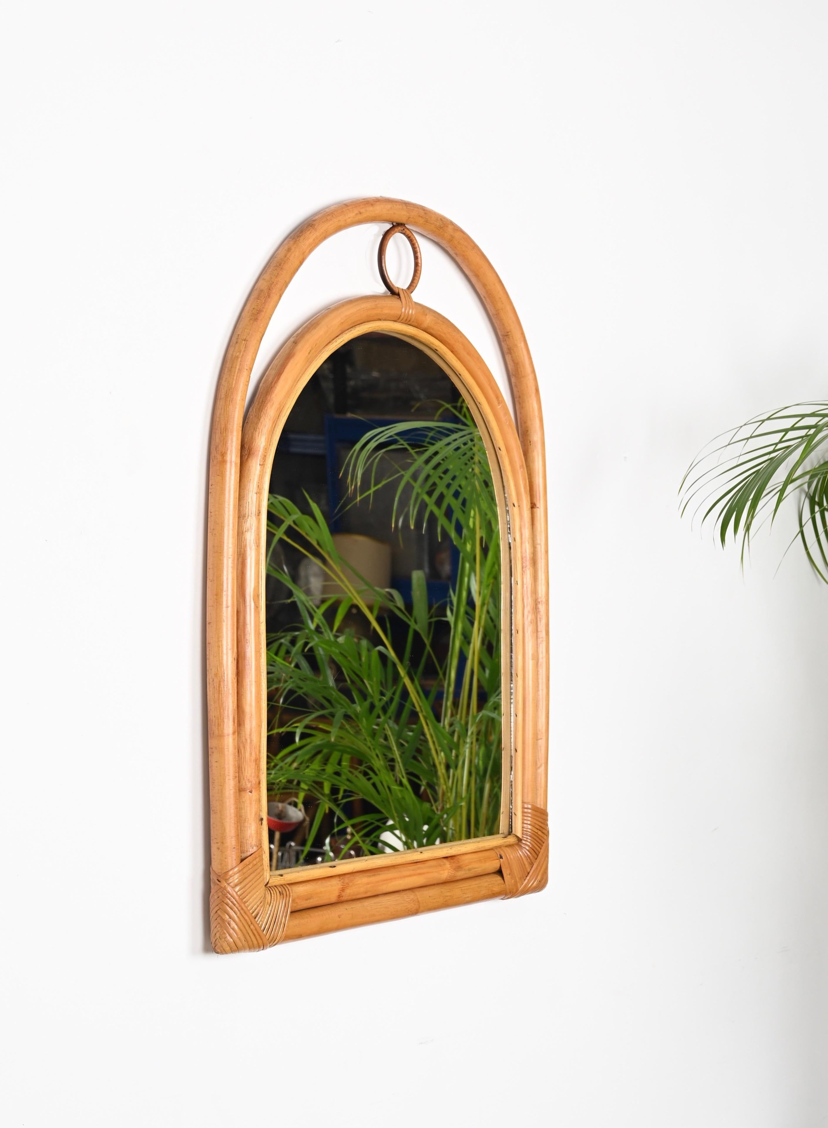 French Riviera Arch Mirror with Double Bamboo and Rattan Frame, Italy, 1970s In Good Condition For Sale In Roma, IT