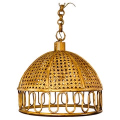 French Riviera Bambo and Rattan Round Italian Chandelier, 1960s