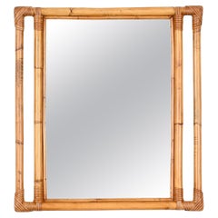 French Riviera Bamboo and Rattan Double Frame Rectangular Mirror, Italy 1960s