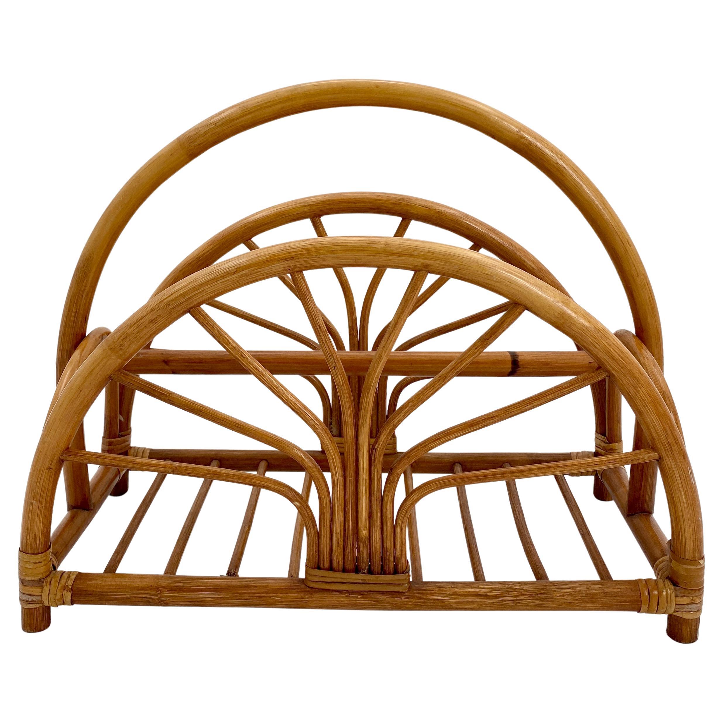 Mid-Century Modern French Riviera Bamboo and Rattan Magazine Rack, 1960s Italy For Sale