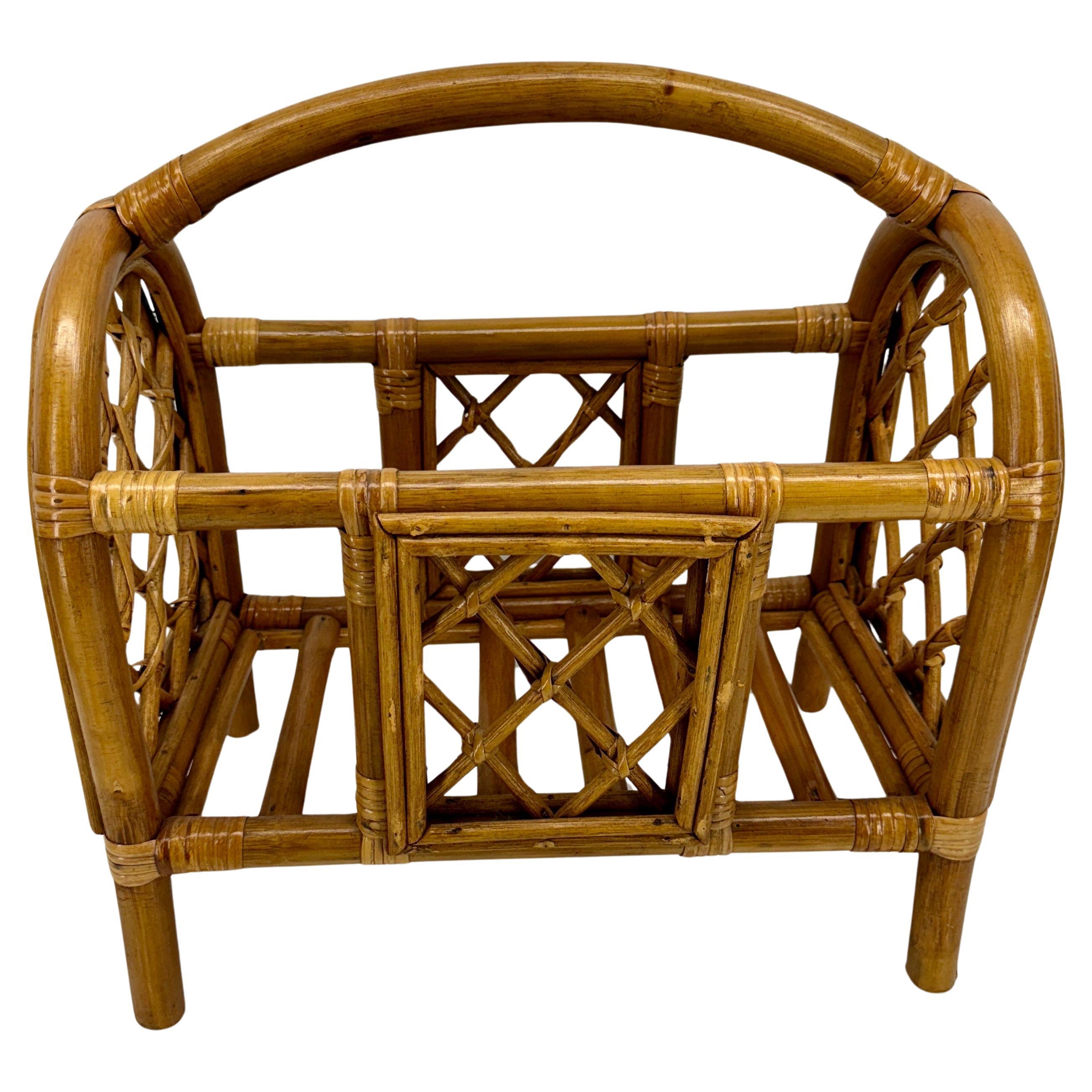 Hand-Crafted French Riviera Bamboo and Rattan Magazine Rack, Mid-Century Modern For Sale
